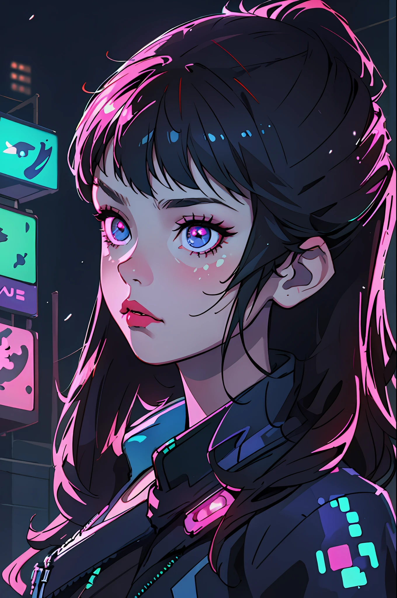 (best quality, masterpiece1.2), (detailed eye:1.2), complex detail, depth of field, 1girl, city, cyberpunk, neon, neon lights, night, moon,