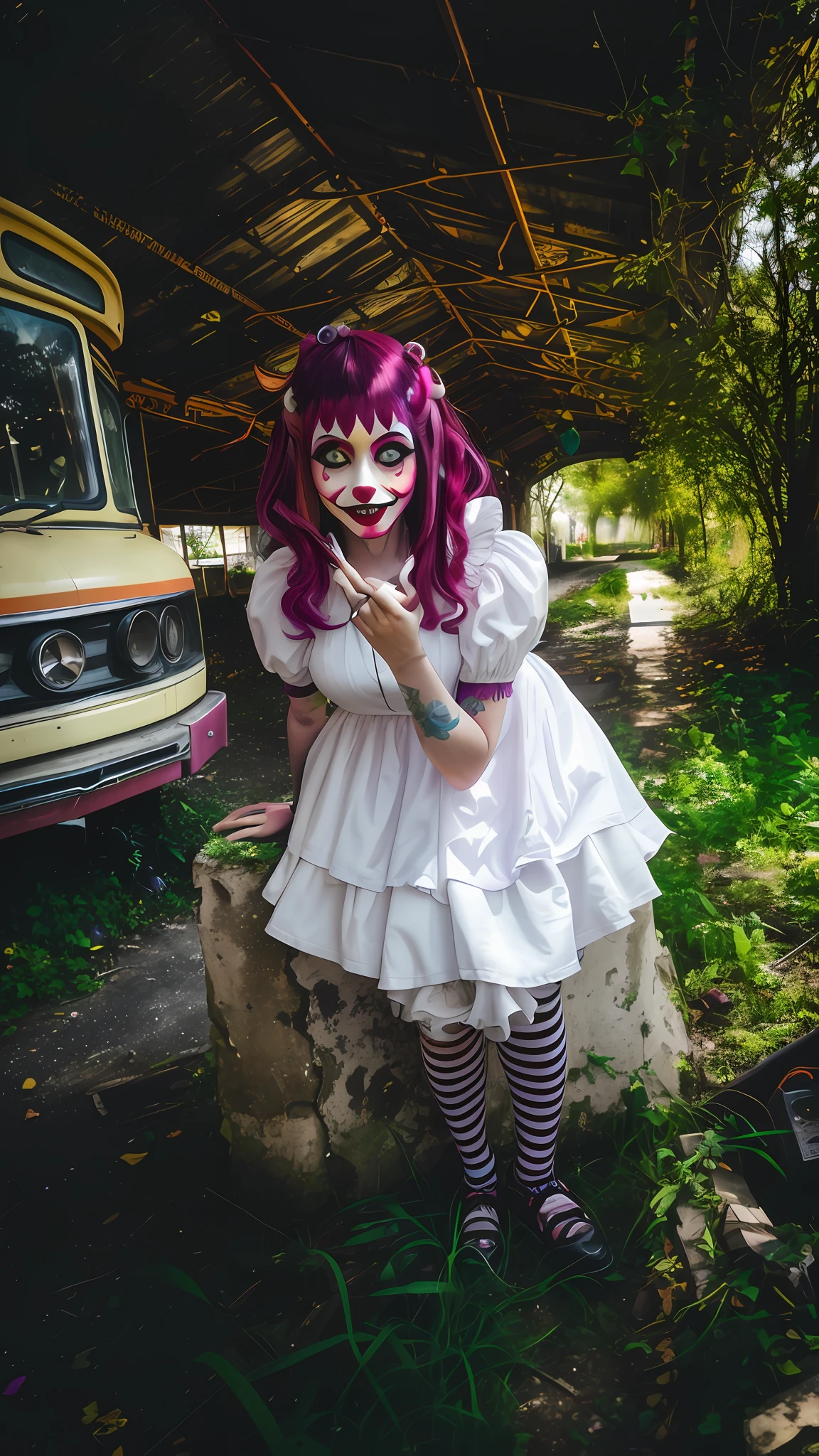 there is a woman with pink hair and a white dress posing for a picture, creepy clown girl, clown girl, goth clown girl, clown makeup and rainbow wig, scary look, in an abandoned theme park, scary clown, creepy pose, annie from league of legends, cosplay photo, abandoned circus, character photography, with haunted eyes and crazy hair, in a halloween style