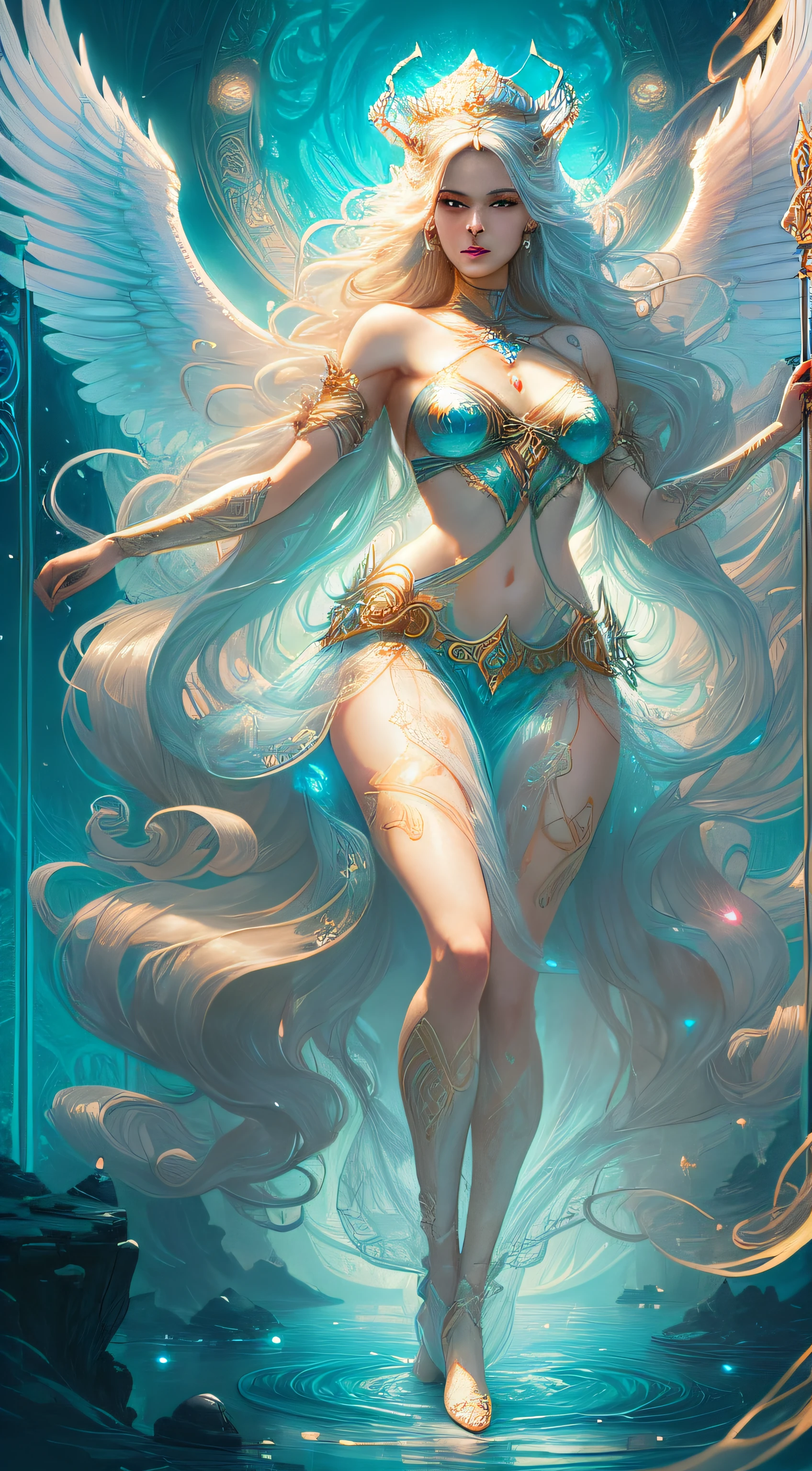 Shirtless woman, wearing light tulle, flowing long hair flowing in the wind, long legs, flat abdomen, fair and smooth, full body, plump twin peaks, 8K high-quality detail art, beautiful fantasy queen, beautiful angel, 4K highly detailed digital art, (((beautiful fantasy queen)), mysterious Atlantean Valkyrie, beautiful young wind spirit, celestial goddess, James Jean soft light 4K, Yuri Schvedorf and Tom Bagshaw, beautiful digital artwork, Sylvain Sarrell and Igor Mosky --auto --s2