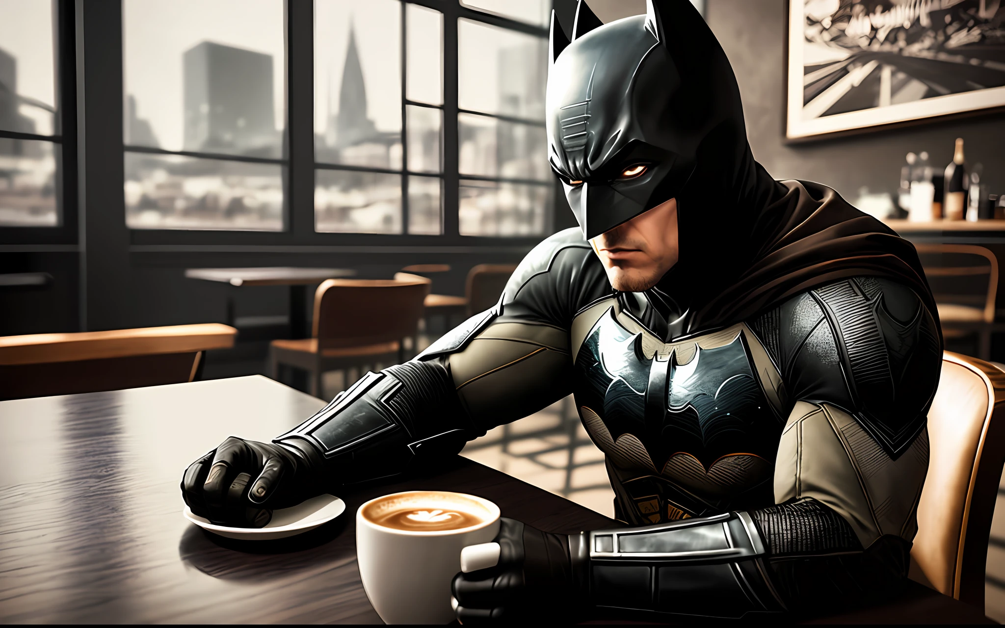 1batman drinking coffee in modern cafe, realistic face, realistic eyes, (dark shot:1.22), neutral colors, (hdr:1.4), (muted colors:1.4), (intricate),  hyperdetailed, dramatic, intricate details, (technicolor:0.9), (rutkowski:0.8), cinematic, detailed, (intricate details:1.12), hdr, (intricate details, hyperdetailed:1.15)