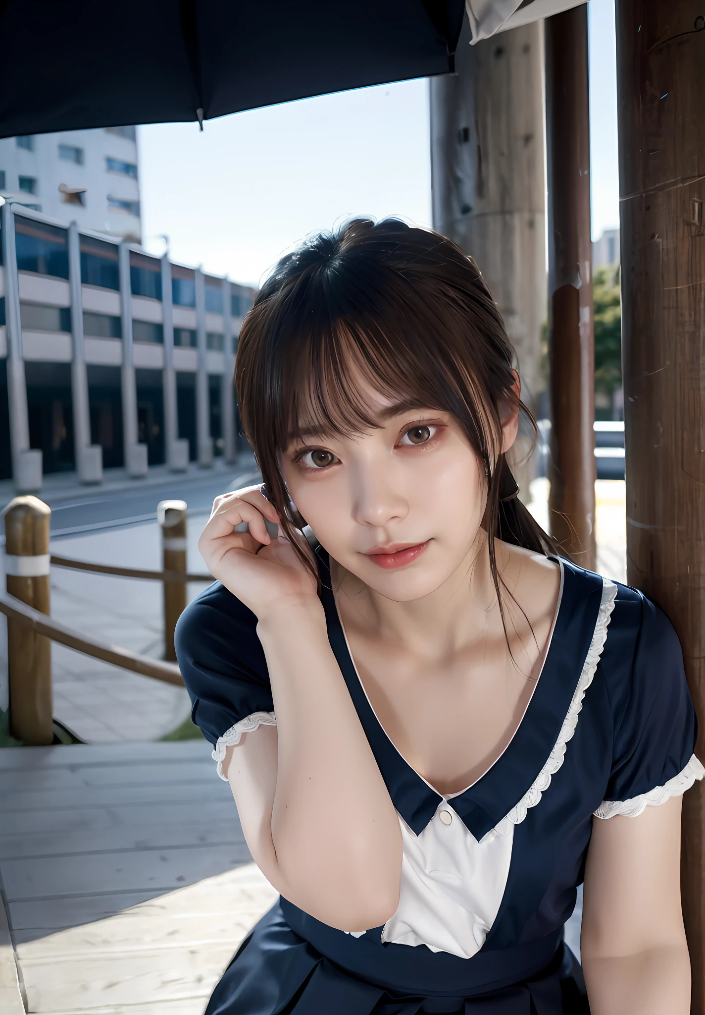 (8k, RAW photos, top quality, masterpieces: 1.3), (realistic, photorealistic: 1.37), (night), (viewers: 1.331), (gray hair), posing, Tokyo Street, night view, cyberpunk city, soft light, 1 girl, very beautiful face, bust, hands laying, random hairstyle, random expression, big eyes, lower abdomen, (short sleeves JK_shirt), JK_ Style, (dark blue JK_skirt), (ribbon JK_tie), mix4, detailed eyes, full body, open mouth and laughing, 18 years old