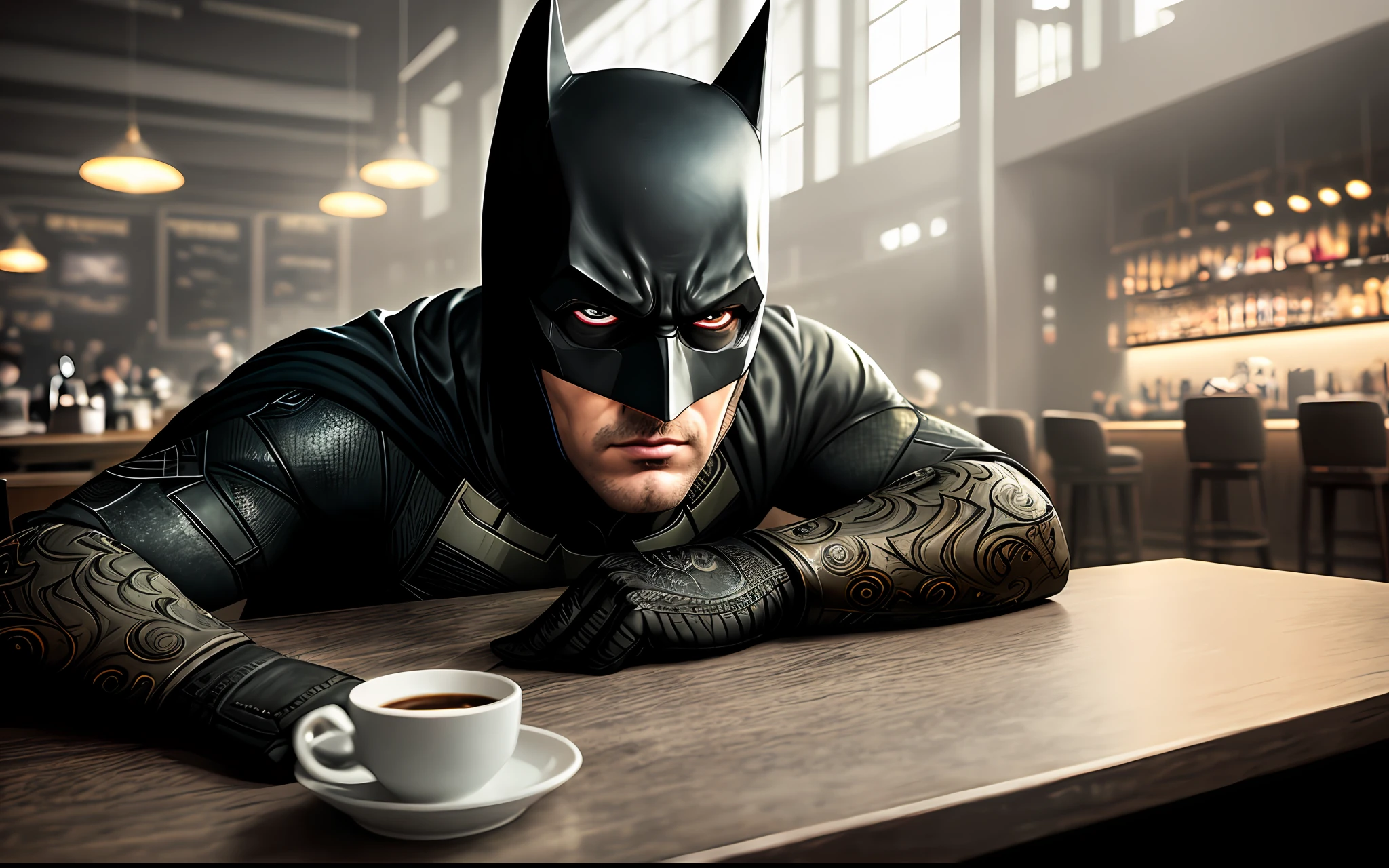1batman drinking coffee in modern cafe, realistic face, realistic eyes, (dark shot:1.22), neutral colors, (hdr:1.4), (muted colors:1.4), (intricate), hyperdetailed, dramatic, intricate details, (technicolor:0.9), (rutkowski:0.8), cinematic, detailed, (intricate details:1.12), hdr, (intricate details, hyperdetailed:1.15)