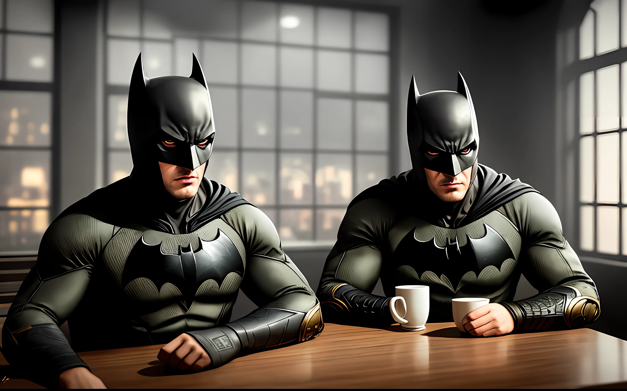 1batman drinking coffee in modern cafe, realistic face, realistic eyes, (dark shot:1.22), neutral colors, (hdr:1.4), (muted colors:1.4), (intricate), hyperdetailed, dramatic, intricate details, (technicolor:0.9), (rutkowski:0.8), cinematic, detailed, (intricate details:1.12), hdr, (intricate details, hyperdetailed:1.15)