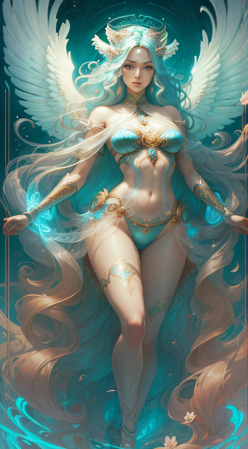 Shirtless woman, wearing light tulle, flowing long hair flowing in the wind, long legs, flat abdomen, fair and smooth, full body, plump twin peaks, 8K high-quality detail art, beautiful fantasy queen, beautiful angel, 4K highly detailed digital art, (((beautiful fantasy queen)), mysterious Atlantean Valkyrie, beautiful young wind spirit, celestial goddess, James Jean soft light 4K, Yuri Schvedorf and Tom Bagshaw, beautiful digital artwork, Sylvain Sarrell and Igor Mosky --auto --s2