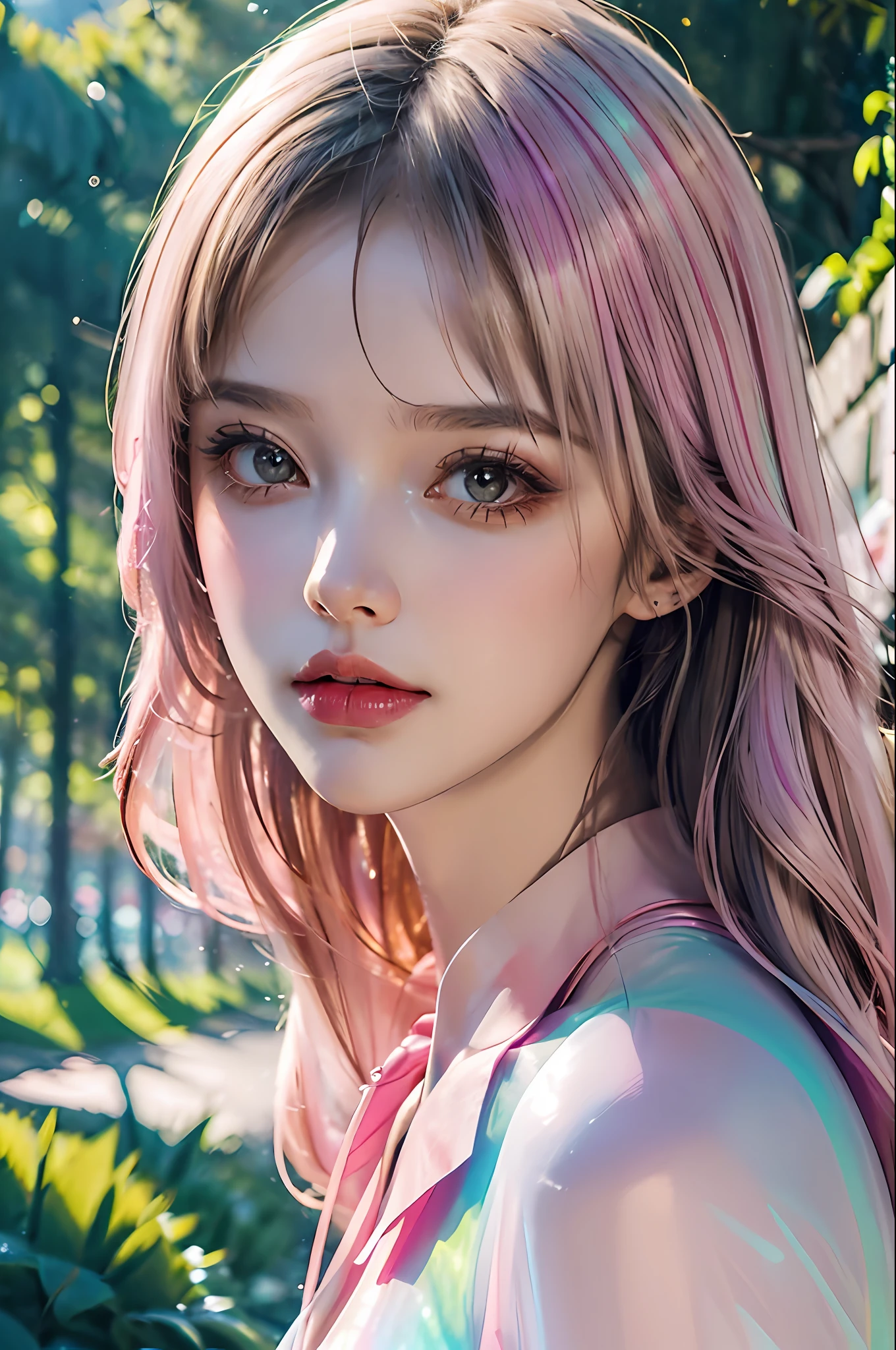 (fluorescent colors:1.4),(translucent:1.4),(retro filters:1.4), (fantasy:1.4), candy world Disney land ethereal soft fluffy soft landscape forest snowavatar Pastel pink sky green blue sparkle ethereal light pastel whimsical light rainbow stars diamonds sparkle gemstone background hyper realistic Ultra quality cinematic lighting immense detail Full hd painting Well lit,diagonal bangs,
collared dress,on side
masterpiece, best quality,realskin,(portrait:1.5), 1girl, blunt bangs, long hair