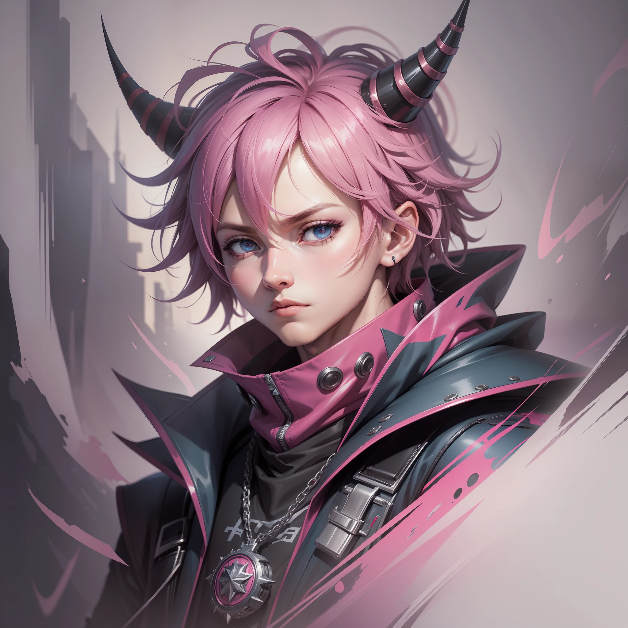 (masterpiece, superior quality, best quality) Unreal Engine 5 .1 , 1 boy, anime character with pink jacket, pink hat and crouched horn horns, pink iconic character, kentaro miura manga art style, high quality fanart, danganronpa digital art, lowres, demon boy, comic art, inspired by Jamie Hewlett, vibrant fan art, anato finnstark!!, official art, high quality colorful sketch