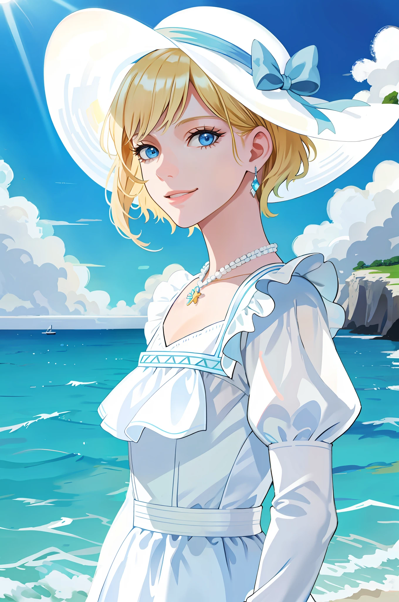 Masterpiece, Excellent, Girly, Young, Cute, Short Blonde Hair, Immature, Teen, Blue Eyes, At the Seaside, Fine Eyes and Face Portrait, Ruddy Lips, Long Eyelashes, Portrait, Upper Body, Cute Smile, 8K, Front Light, Face Glow, Face Without Shadows, Greeting Light, White Puff Sleeves, Blue Vintage Long Dress, White High Heels, White Sun Hat