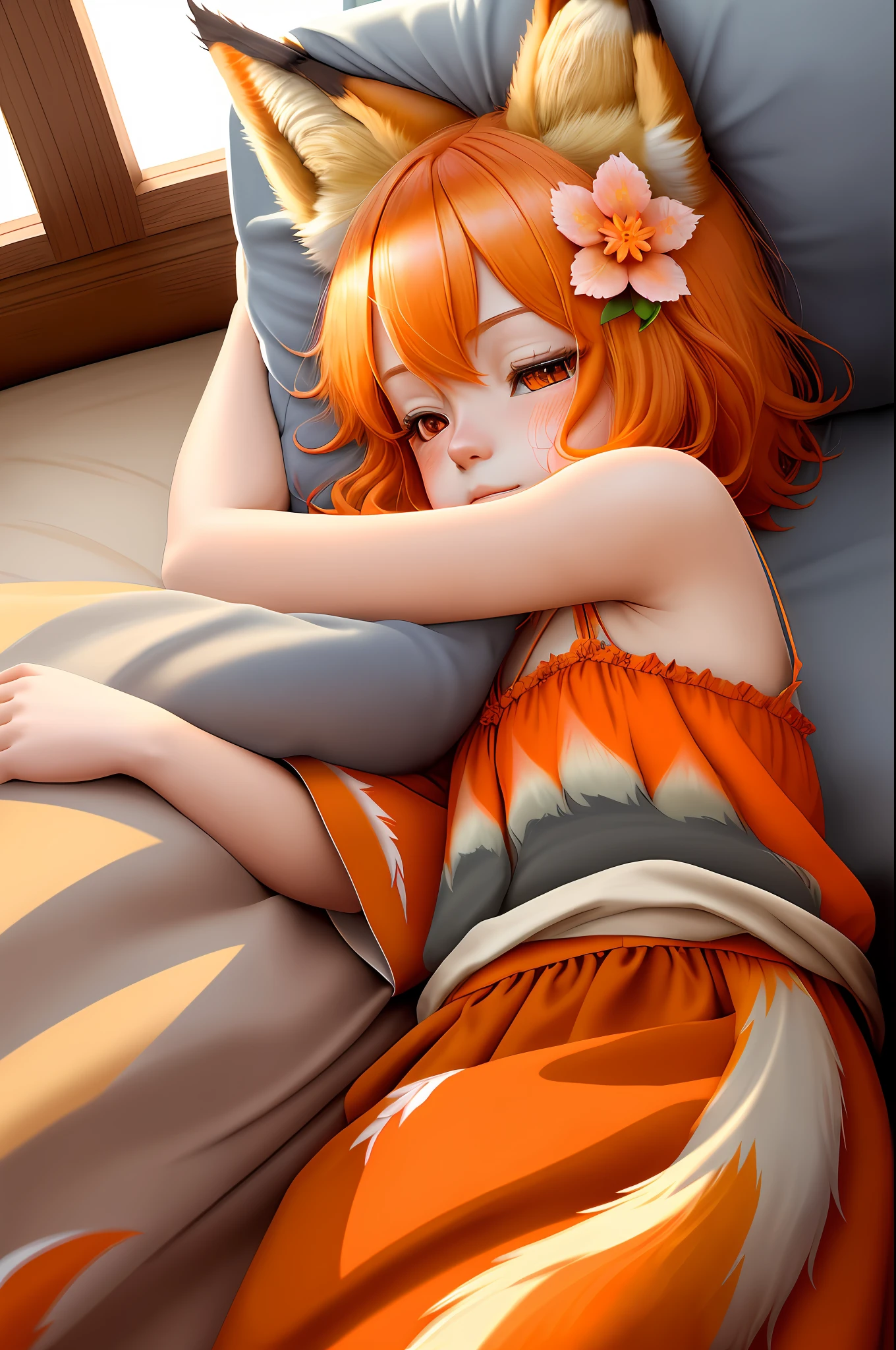 high detail, (photorealistic), realistic, masterpiece, best quality, ((portrait of Senko-san's face The helpful fox )), Senko-sancroptop, detailed face, detailed eyes, (hair flower), (hair ornament), (orange eyes), (orange hair), (short hair), tail, flat chest, sleepwear, miko, sleepy face, cute [pentagram], [lying on the bed], [sleeping with the viewer], [under the blanket], [sleeping clinging],  [Big tail], (Serene night) (Rolled into the blanket) viewer's view: Looking from inside the blanket.