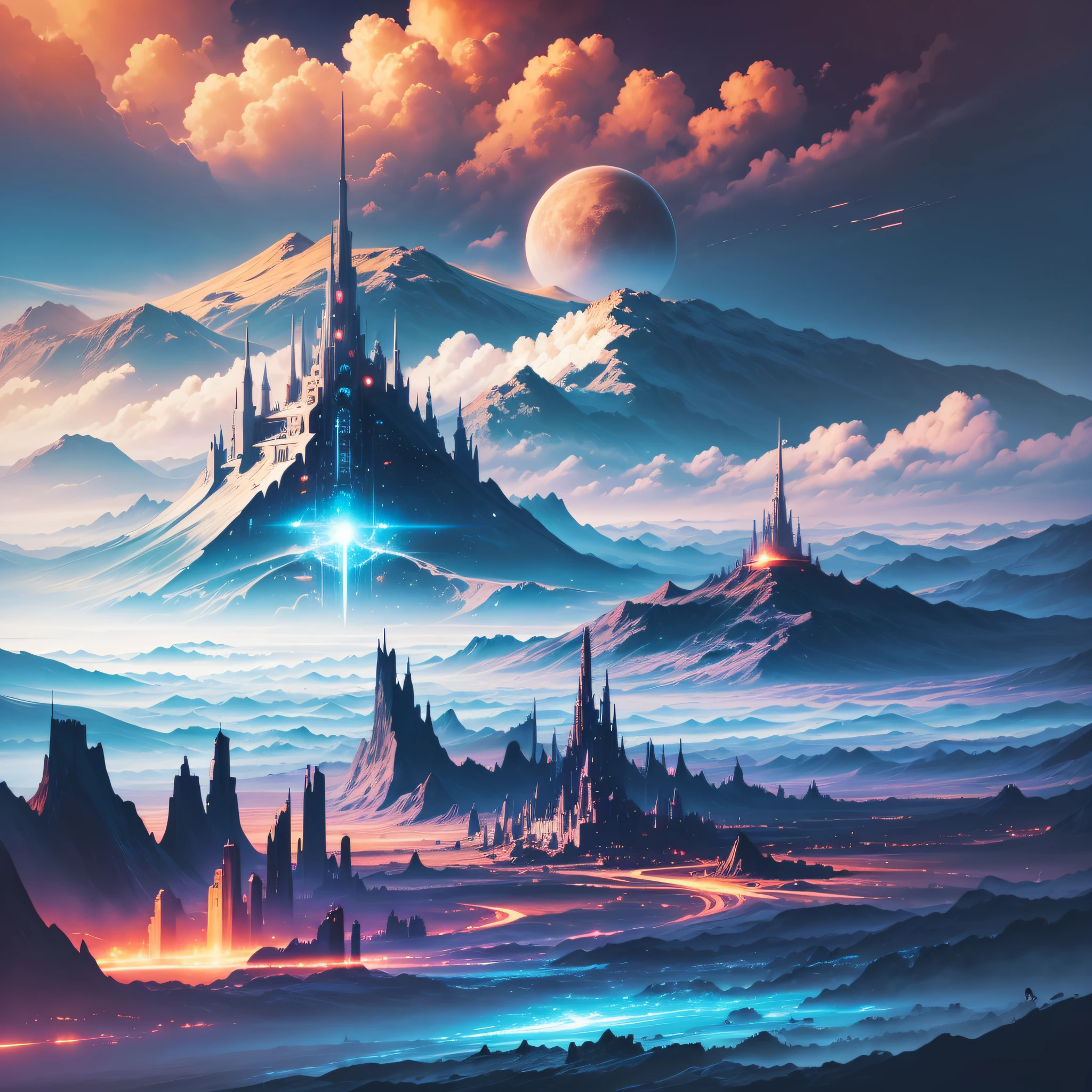 view of a distant landscape with a planet in the distance, epic fantasy sci-fi illustration inspired by Christopher Balaskas, Christopher Balaskas, beautiful sci-fi art, sci-fi digital painting, sci-fi digital painting, sci-fi digital art illustration, sci-fi fantasy wallpaper, artance and beeple high, a huge cube-shaped city standing on one of its corners and towering above the atmosphere --auto --s2