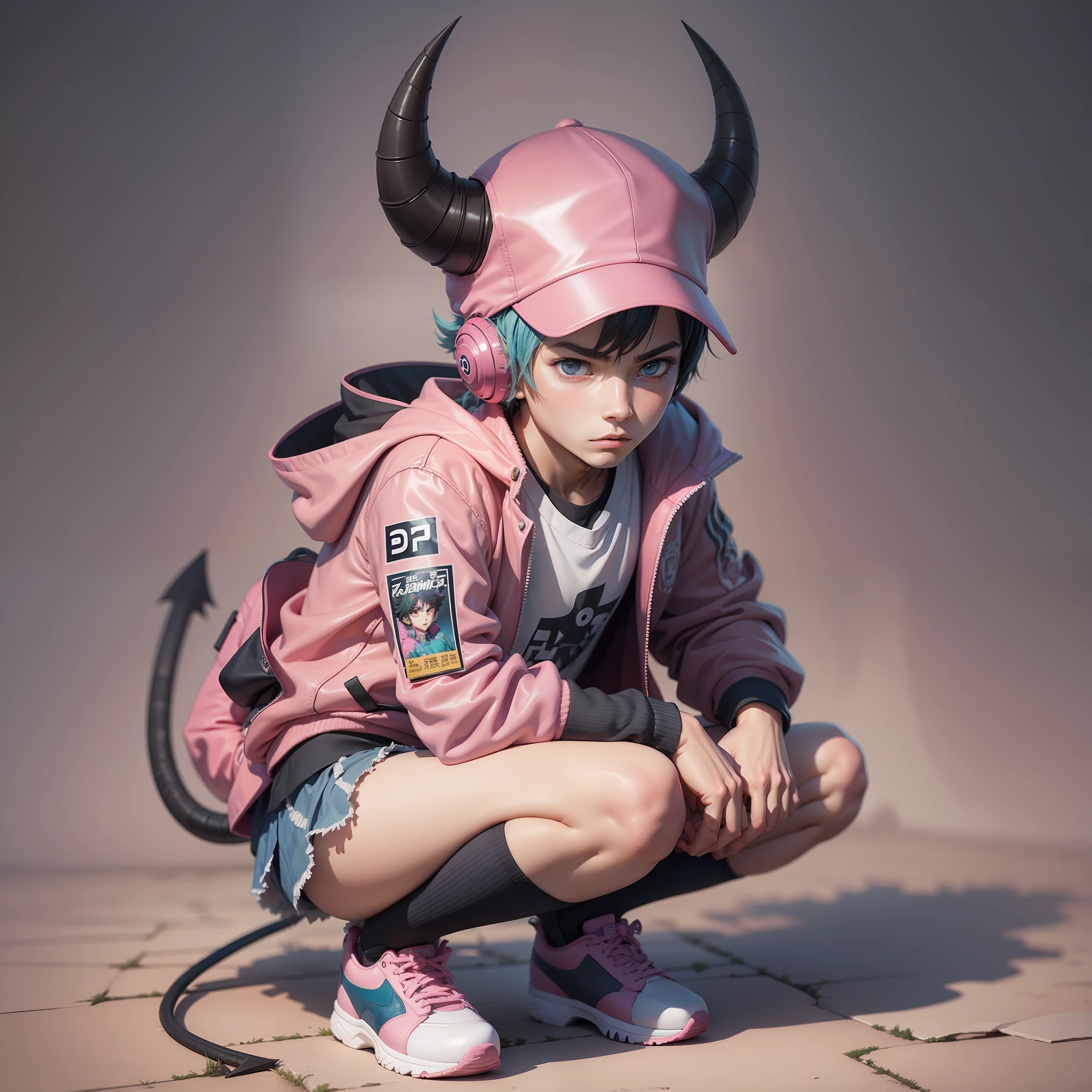 (masterpiece, top quality, best quality) 1 boy, anime character with pink jacket, pink hat and crouched horn horns, pink iconic character, kentaro miura manga art style, high quality fanart, danganronpa digital art, lowres, demon boy, comic art, inspired by Jamie Hewlett, vibrant fan art, anato finnstark!!, official art, high quality color sketch