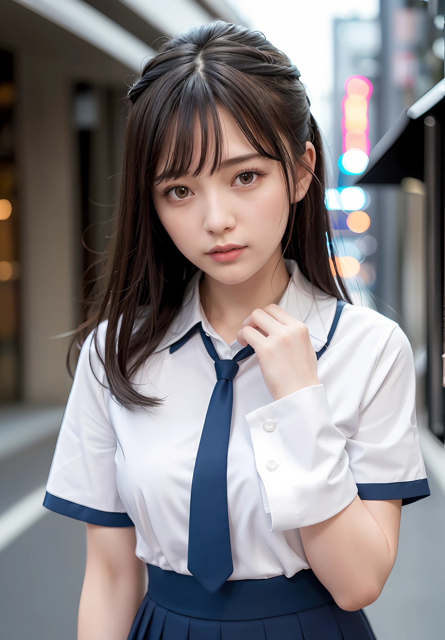 (8k, RAW photos, top quality, masterpieces: 1.3), (realistic, photorealistic: 1.37), (night), (viewers: 1.331), (gray hair), posing, Tokyo Street, night view, cyberpunk city, soft light, 1 girl, very beautiful face, bust, hands laying, random hairstyle, random expression, big eyes, lower abdomen, (short sleeves JK_shirt), JK_ Style, (dark blue JK_skirt), (ribbon JK_tie), mix4, detailed eyes, full body, 18 years old