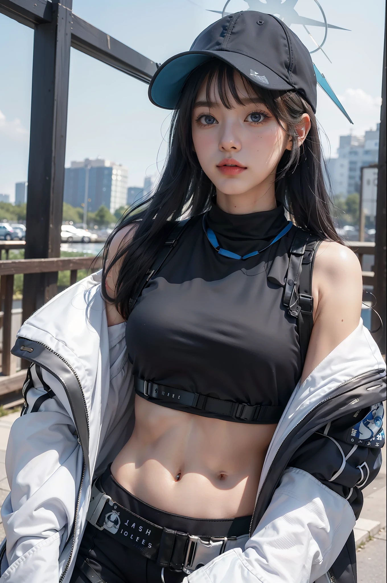 (masterpiece, best quality:1.2), mix4,(8k, RAW photo, best quality, masterpiece:1.2), (realistic, photo-realistic:1.37),solo, 1girl, saori \(blue archive\), mouth mask, looking to the side, long hair, black hair, baseball cap, halo, blue eyes, open clothes, off shoulder, coat, crop top, chest harness, black pants