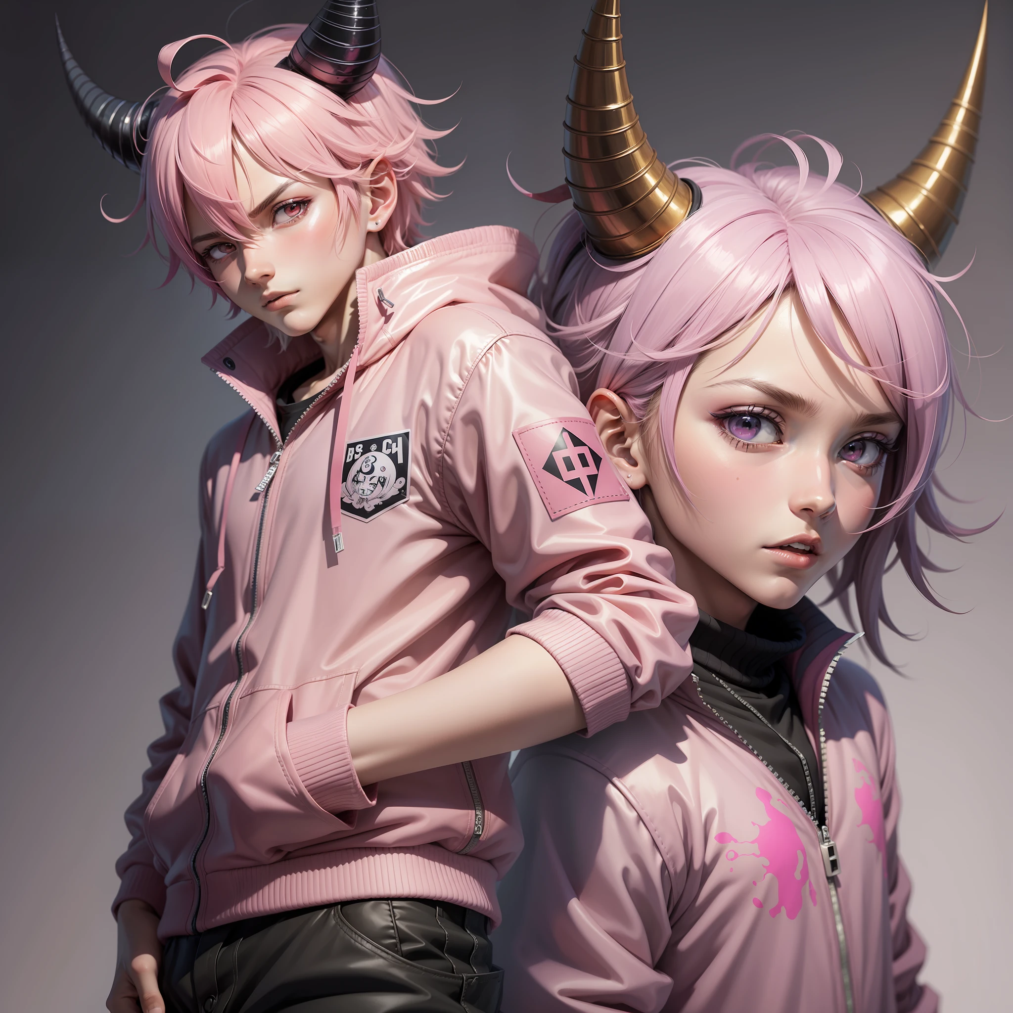(masterpiece, top quality, best quality) 1Boy, anime character with pink jacket, pink hat and crouched horn horns, pink iconic character, kentaro miura manga art style, high quality fanart, danganronpa digital art, lowres, demon boy, comic art, Jamie Hewlett inspired art, vibrant fan art, anato finnstark!!, official art, high quality colorful sketch
