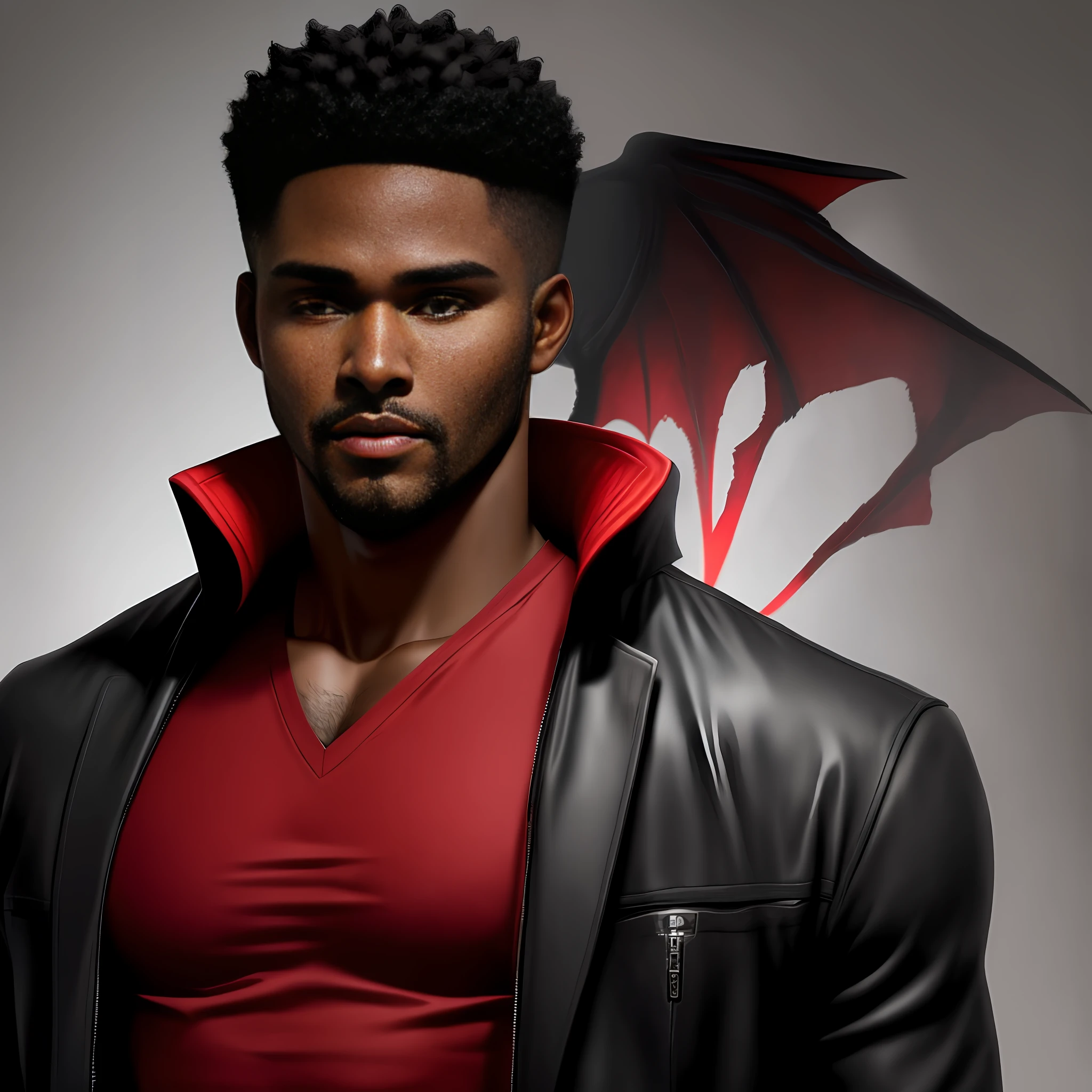 Black man Supernatural dean character with short hair thin beard, red eyes like those of the demon possessed details in all features
