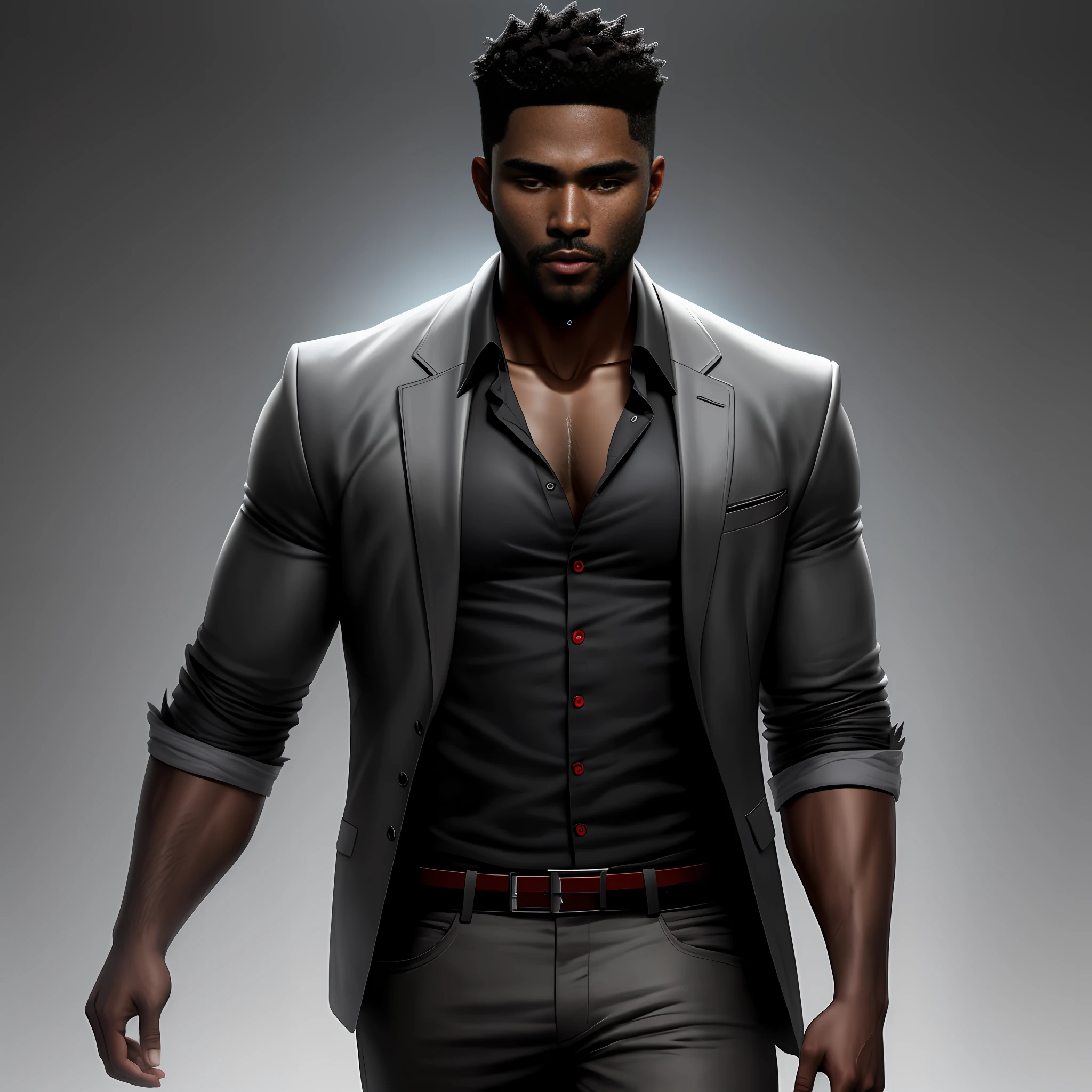 Black man Supernatural dean character with short hair thin beard, red eyes like those of the demon possessed details in all features