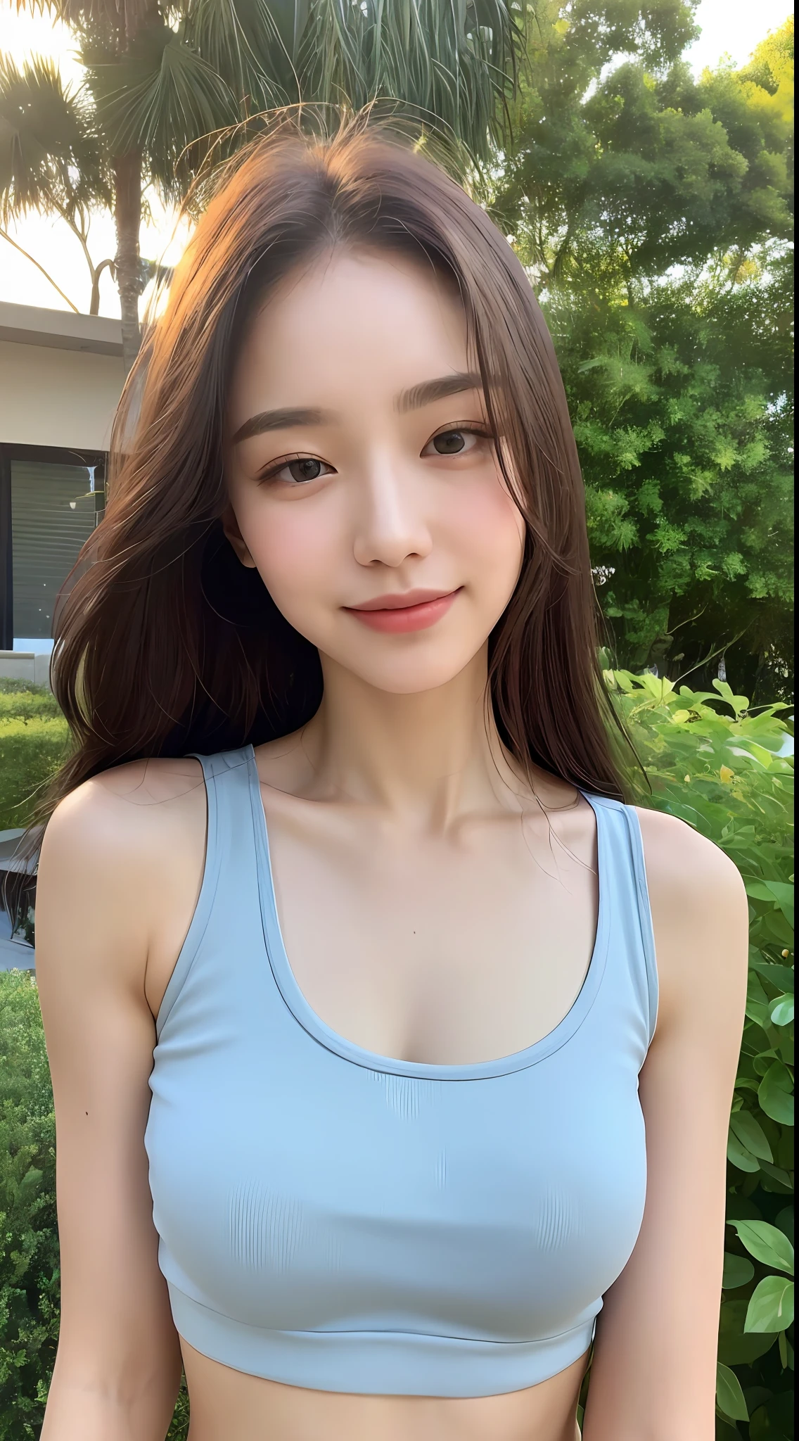 ((top quality, 8k, masterpiece: 1.3)), 1 girl, beautiful woman with slender abs: 1.3, (long hair, big: 1.2), oversized tank top: 1.2, super delicate face, delicate eyes, double eyelids, smile, home Landscape