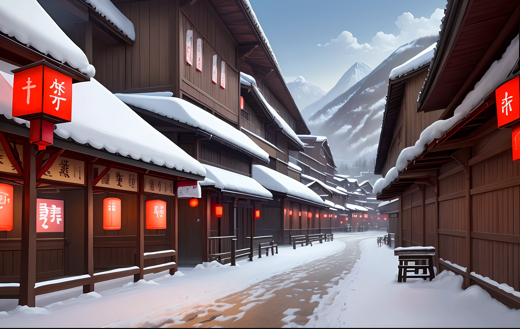 The atmosphere of the Spring Festival begins to appear in the outdoor scene, red lanterns, couplets, New Year paintings, etc. decorate villages and farmhouses, people are busy preparing New Year goods and welcoming the arrival of the New Year, grainy matte paintings, landscape illustrations, Studio Ghibli's imagination, Miyazaki's brushstrokes, incredible quality