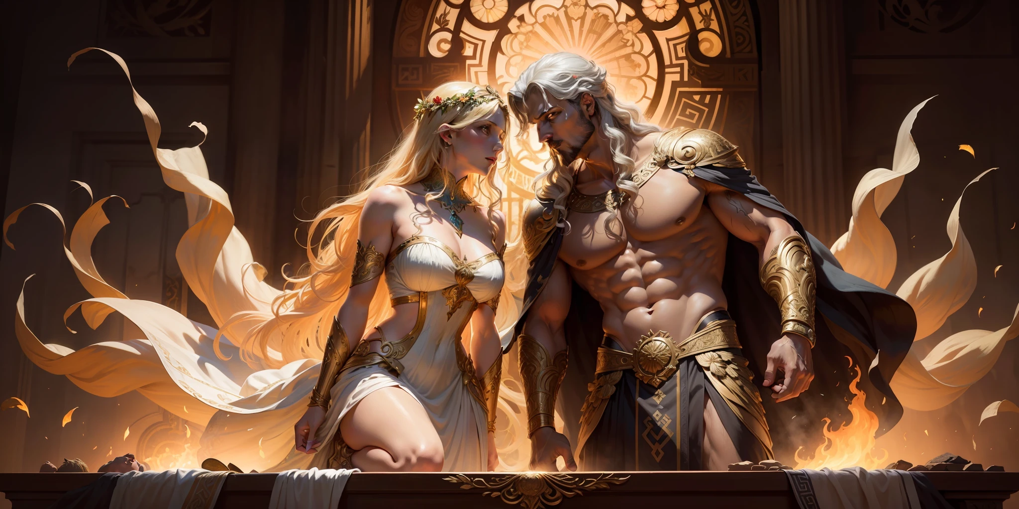 image of a man and a woman toasting, epic scene of zeus, digital painting Greek myth, battle between good and evil, Greek mythology, characters from Greek mythology, Greek gods, classical Greek mythology, Greek dark myth, dramatic art, thunderous battle, digital godrays painting, as an offering to Zeus, art mythology, epic mythology, long curly hair, blonde, floral frame, decorative panels, abstract artistic, by Alphonse Mucha (masterpiece, best quality, high resolution: 1.4), detailed, intricate details, 4K, color splashes, line art, fibonacci ,