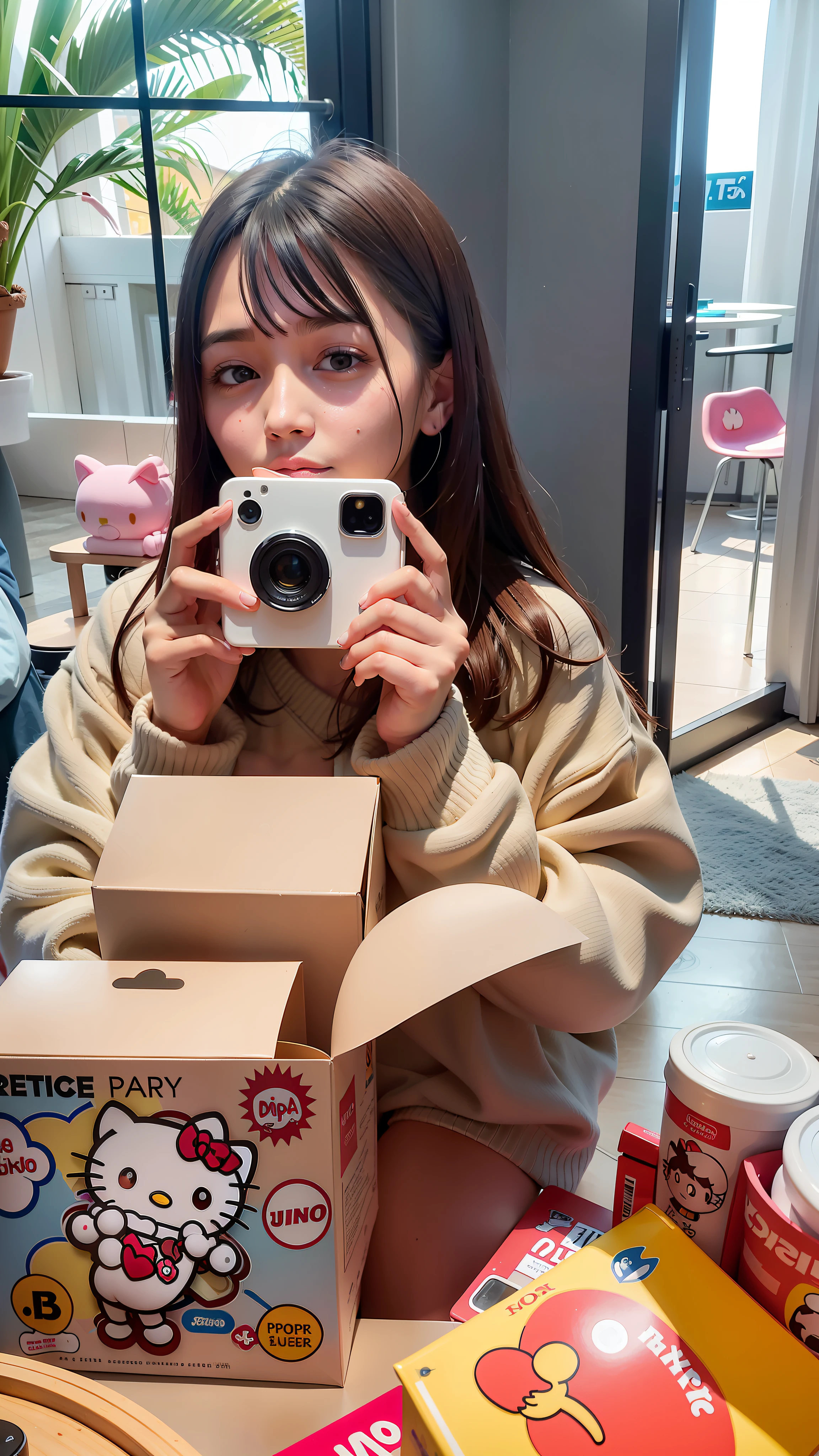 Woman holding a Hello Kitty camera in front of a box of Hello Kitty, shot with Sony Alpha 9, shot on iPhone 1 3 Pro, shot with Apple, shot on iPhone 1 3 Pro Max, 8K)), shot with iPhone 1 0, shot on iPhone 1 3 Pro, Hello Kitty, single eyelid, , 🤬 🤮 💕 🎀 🤮 🎀 😭 💕 Filmed in a KFC store