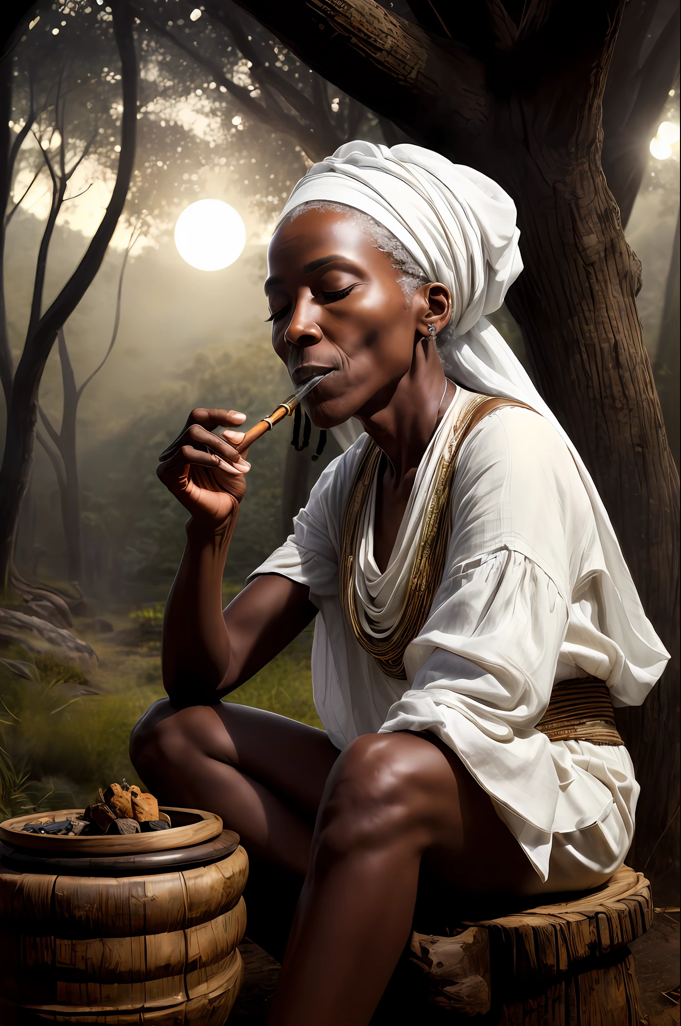 ((masterpiece, photorealistic, raw,:1.4), (extremely complex:1.2), close-up, cinematic light, side lighting, ultra high resolution, best shadow, RAW, 67-year-old African lady, pipe in her mouth (pipe releasing smoke in the air), old-black archetype (umbanda), mystic, head tilted upwards, (eyes closed, serene expression), calm, meditating, sitting on a wooden stool, wearing white slave dress,  and headscarf, Forest background in the moonlight