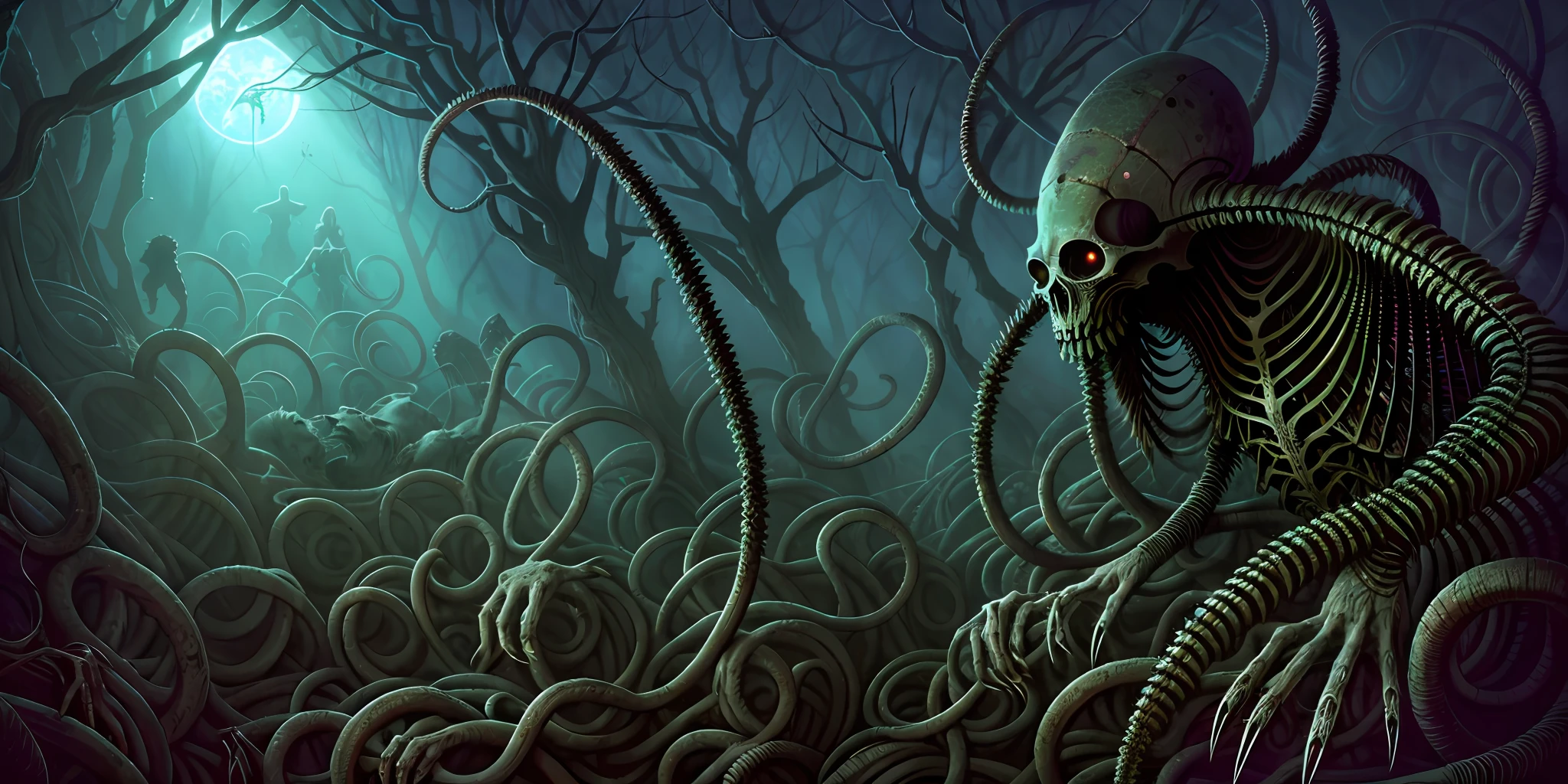 Art by HR Giger and Beksinski come together in this detailed, grim, and dark terror scene. The sharp image, rendered in 8K resolution with a rim light, showcases a horrific environment filled with Lovecraftian tentacles writhing and pulsating in neon hues. The HDR lighting creates intricate and detailed shadows against the background of twisted, mutated human forms. As the glitch and distortion effects warp the very fabric of the environment, surreal and dreamlike elements such as floating upside-down structures and decaying flesh close-ups create an unsettling and disorienting feel. The religious and occult symbols scattered throughout the intricate background add a sense of supernatural horror to this already insane and gruesome masterpiece.