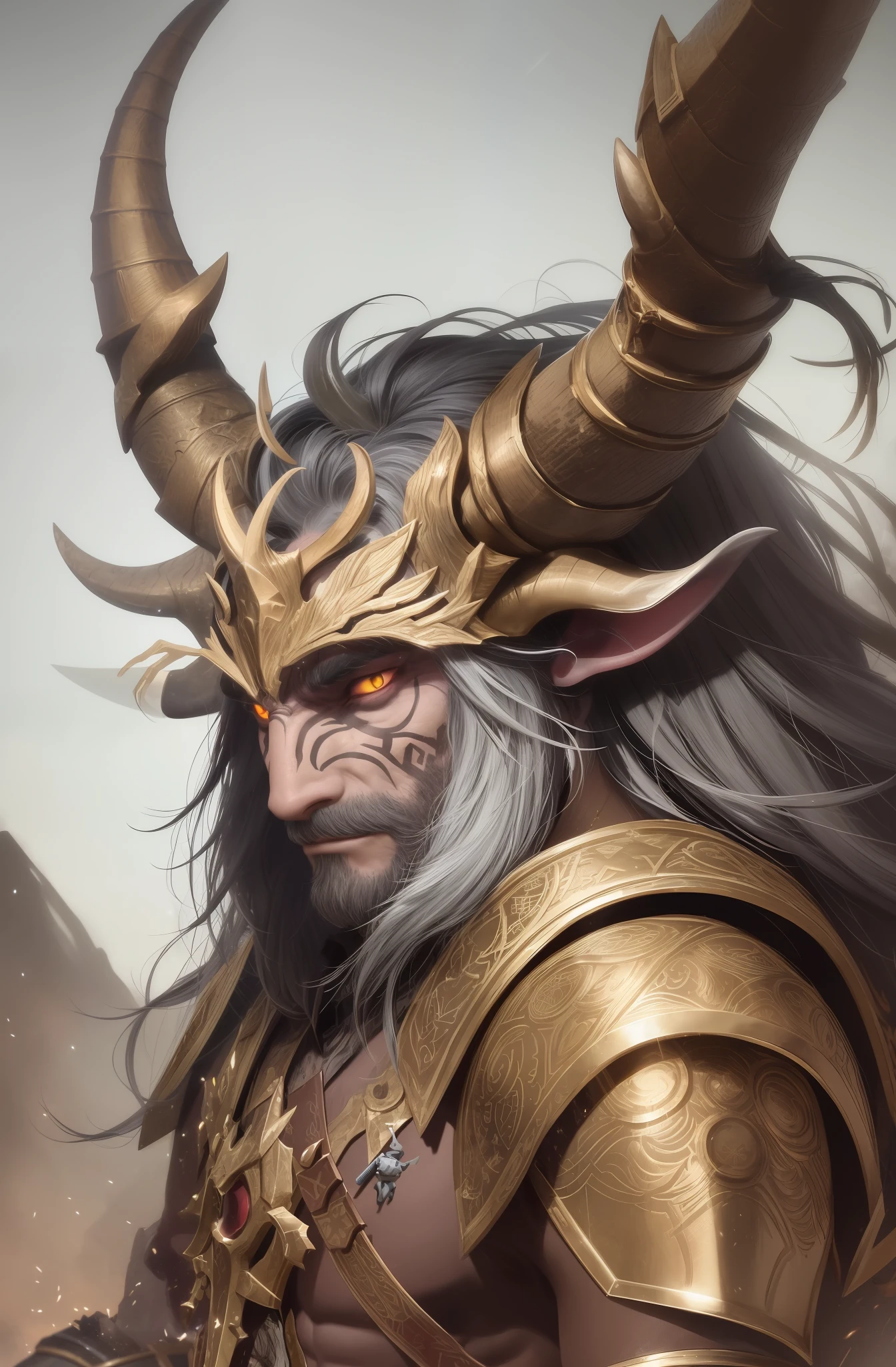 a close up of a man with a horned head holding a stick, minotaur in ancient armor, minotaur warrior, tauren, minotaur, minotaur warrior with axe, minotaur from path of exile, a minotaur wolf, portrait of a minotaur, horned god, epic fantasy character art, asura from chinese myth