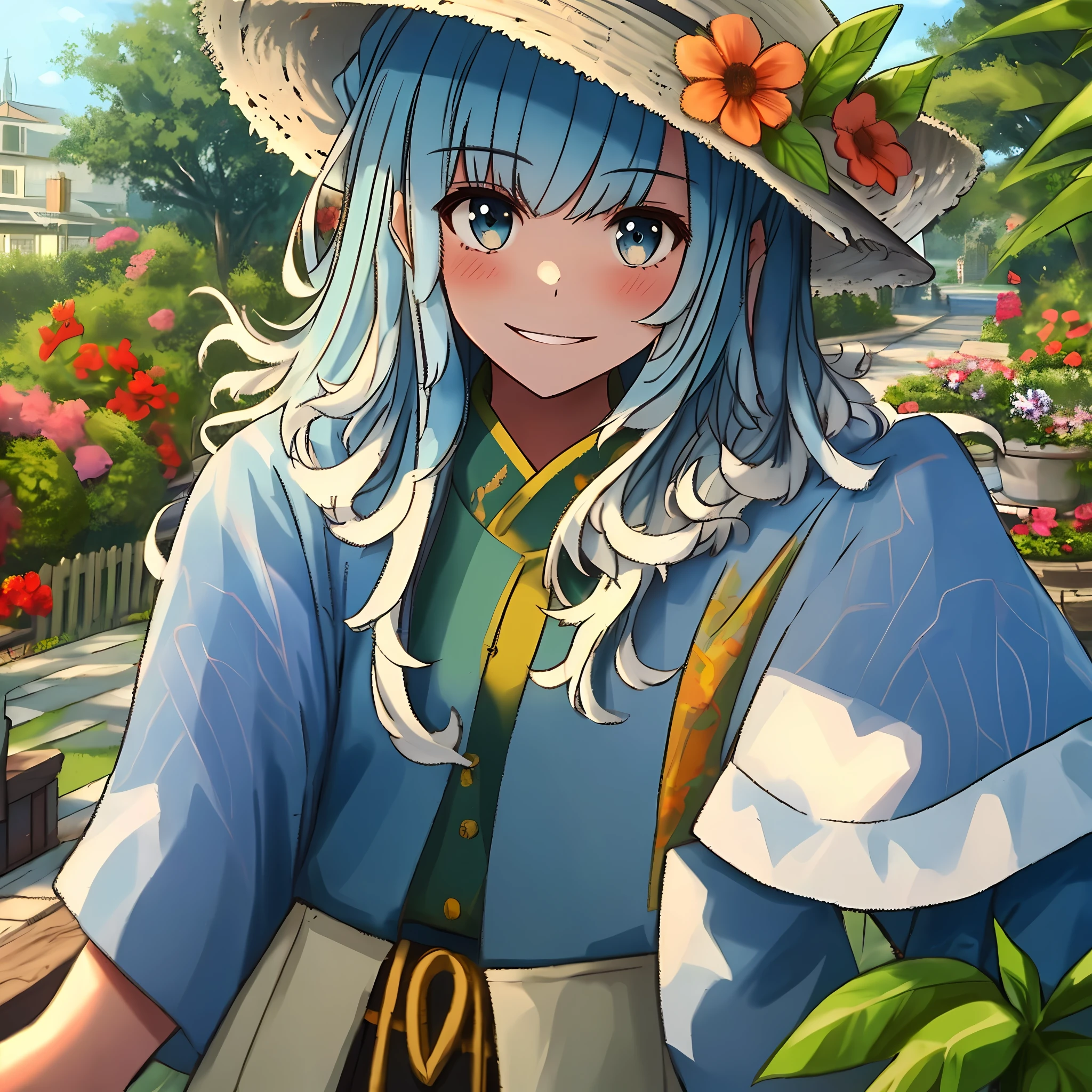 1girl, ((high-quality, masterpiece, 8k, selfie)), garden, straw hat, happiness