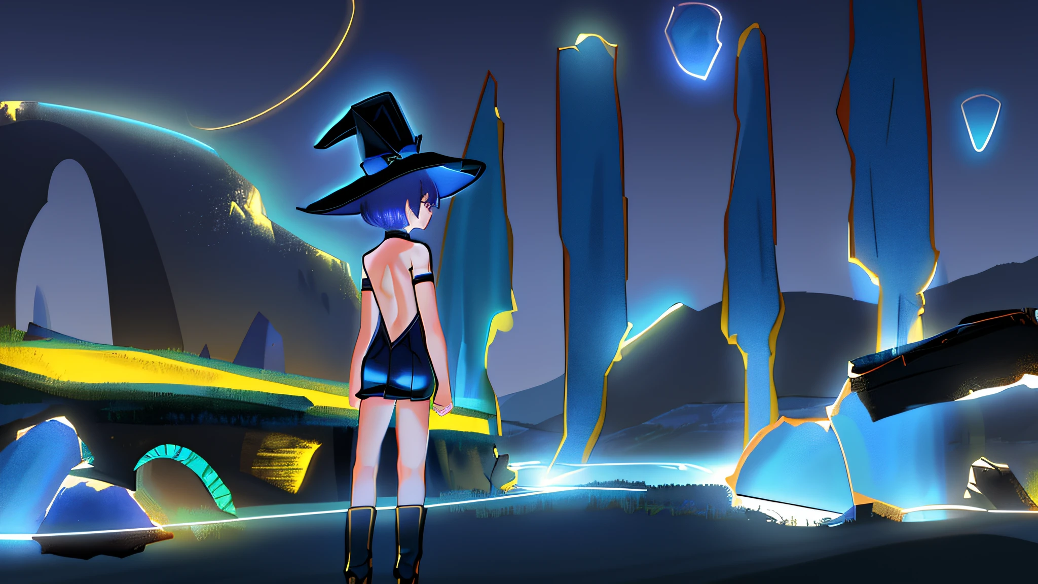 Beauty with back to face, magician, black stockings, blue magic clothes, forest, starry sky at night, hills,