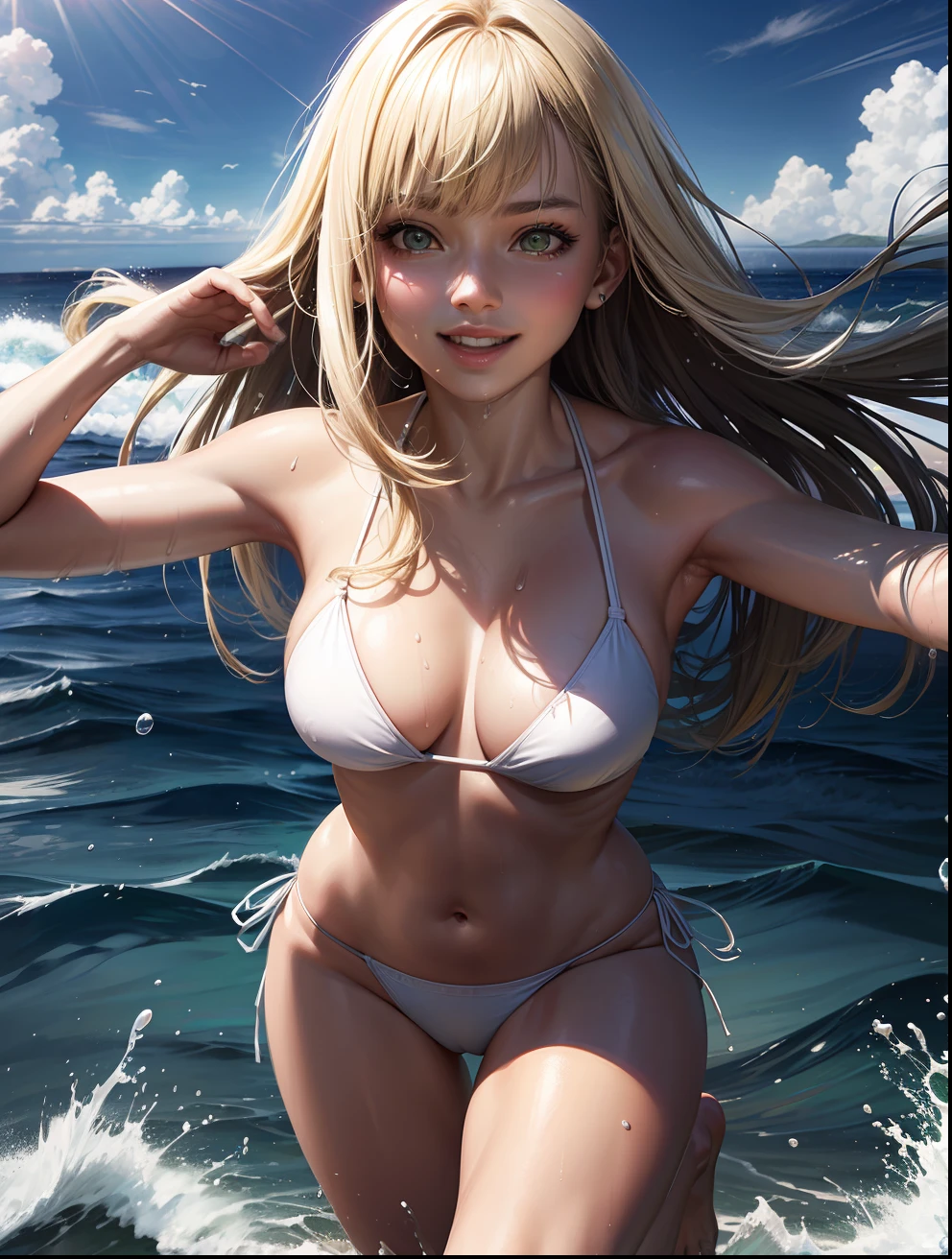 Superior Quality, Masterpiece, Ultra High Resolution, (Photorealistic: 1.4), Raw Photo, Deep Shadows, a girl, on a beach, sunny day, bikini, white bikini, short bikini, running, dynamic pose, smiling, sea behind, water particles flying, wet, yellow hair, green eyes, fair skin, white skin, Asian