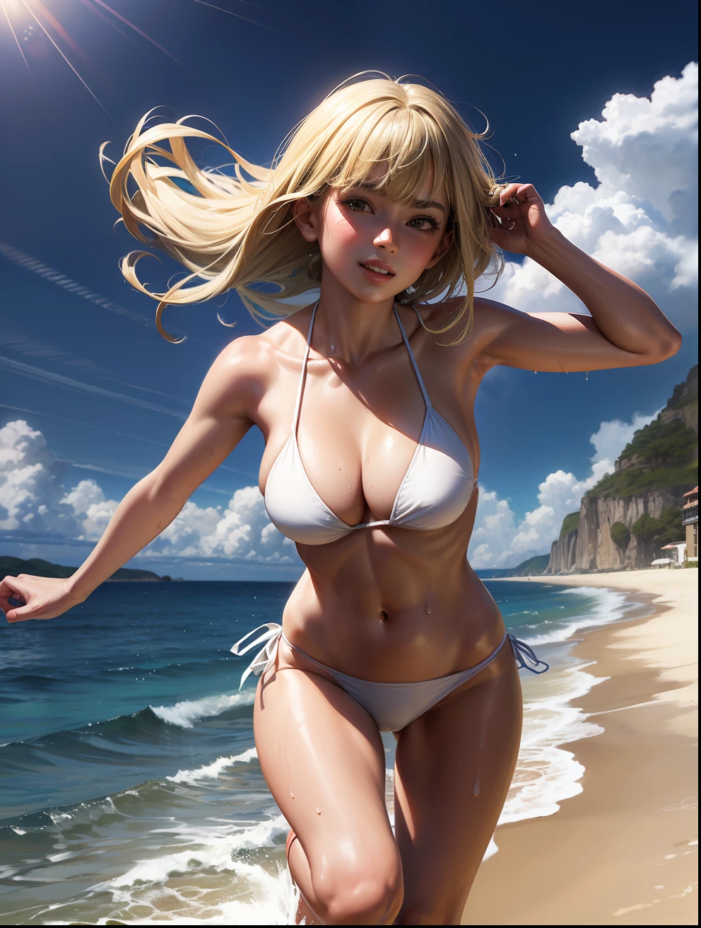 Superior Quality, Masterpiece, Ultra High Resolution, (Photorealistic: 1.4), Raw Photo, Deep Shadows, a girl, on a beach, sunny day, bikini, white bikini, short bikini, running, dynamic pose, smiling, sea behind, water particles flying, wet, yellow hair, green eyes, fair skin, white skin, Asian
