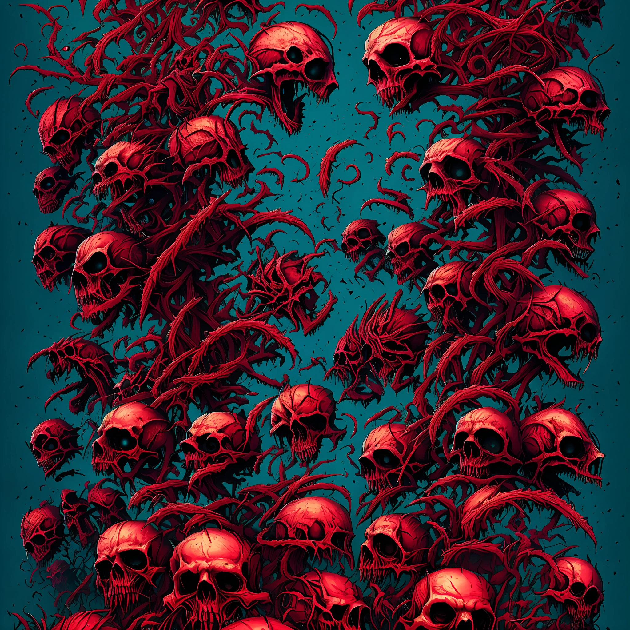One human dead face with head extended with others heads upside, Rotten heads integrated of monsters. An artistic horror picture of dead heads. Horror art, illustration, overdetailed, UHD, hyper-maximalist, 8k resolution, hyperrealism, High detail, art by Dan Seagrave