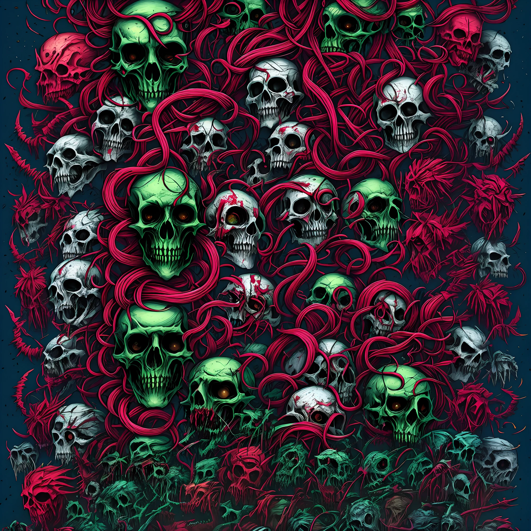 One human dead face with head extended with others heads upside, Rotten heads integrated of monsters. An artistic horror picture of dead heads. Horror art, illustration, overdetailed, UHD, hyper-maximalist, 8k resolution, hyperrealism, High detail, art by Dan Seagrave