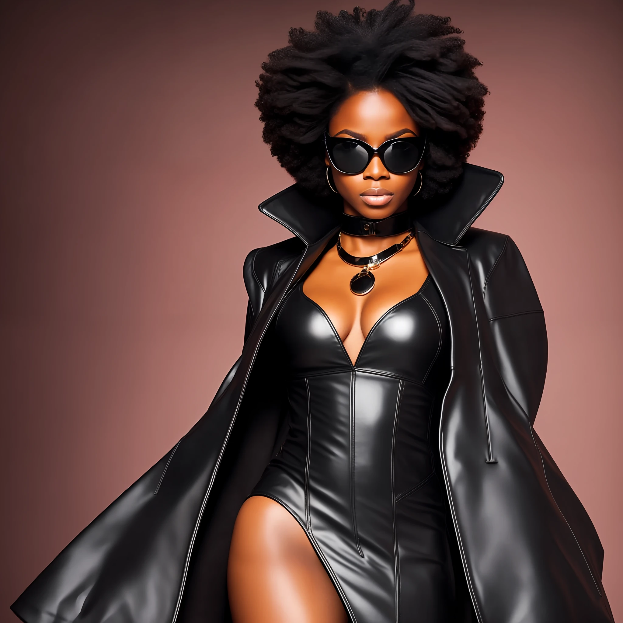 Beautiful black woman, Trinity matrix movie style, black leather outfit with black leather overcoat, wearing futuristic glasses, observant look, movie light, 4k picture, masterpiece, perfect, afro naiobe style hairstyle --auto --s2