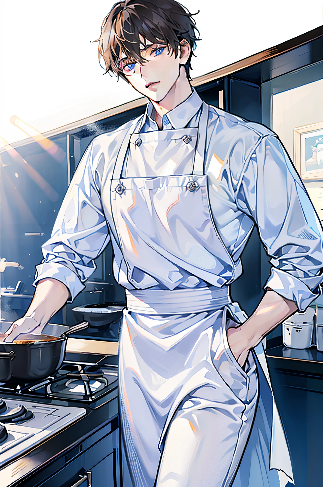 Brunette man, light blue eyes, white shirt, trousers, apron, cooking, white background, mature, high quality, high detail, detail face,