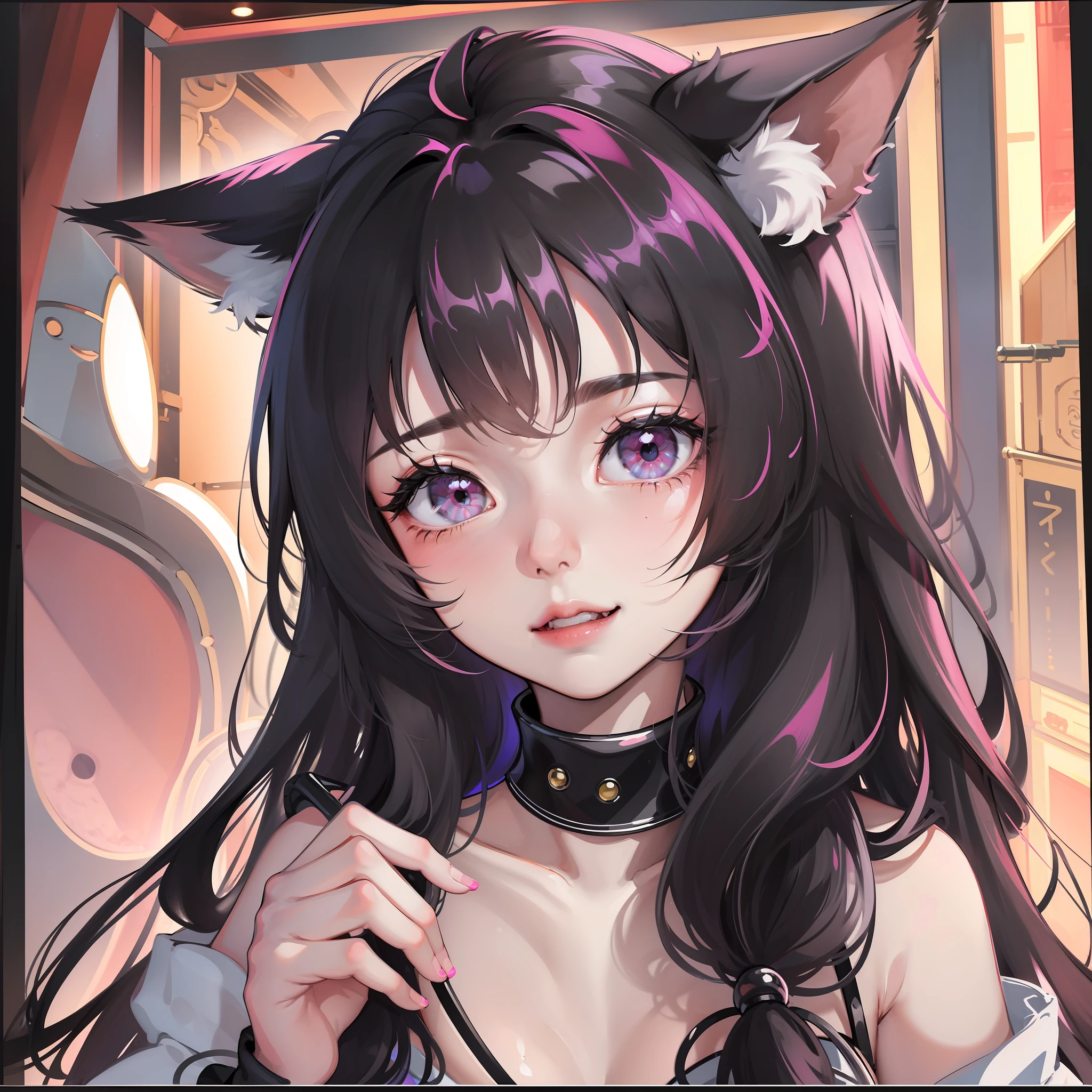 black hair, hair bobbles, wince, longeyelashes, solid circle eyes, fake animal ears, light smile, ear blush, fang, Surrealism, drop shadow, anaglyph, stereogram, tachi-e, pov, atmospheric perspective, 8k, super detail, ccurate, best quality