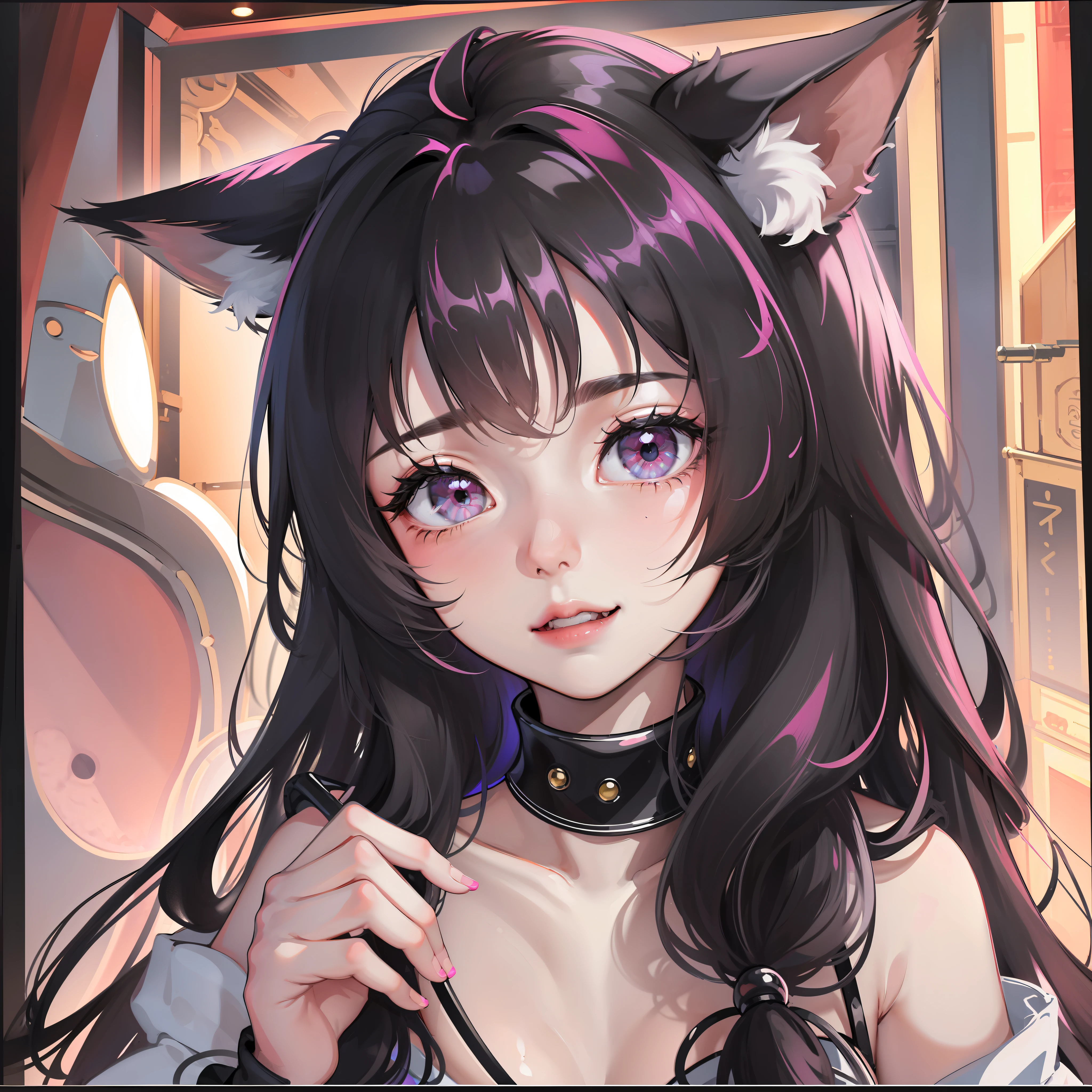 black hair, hair bobbles, wince, longeyelashes, solid circle eyes, fake animal ears, light smile, ear blush, fang, Surrealism, drop shadow, anaglyph, stereogram, tachi-e, pov, atmospheric perspective, 8k, super detail, ccurate, best quality