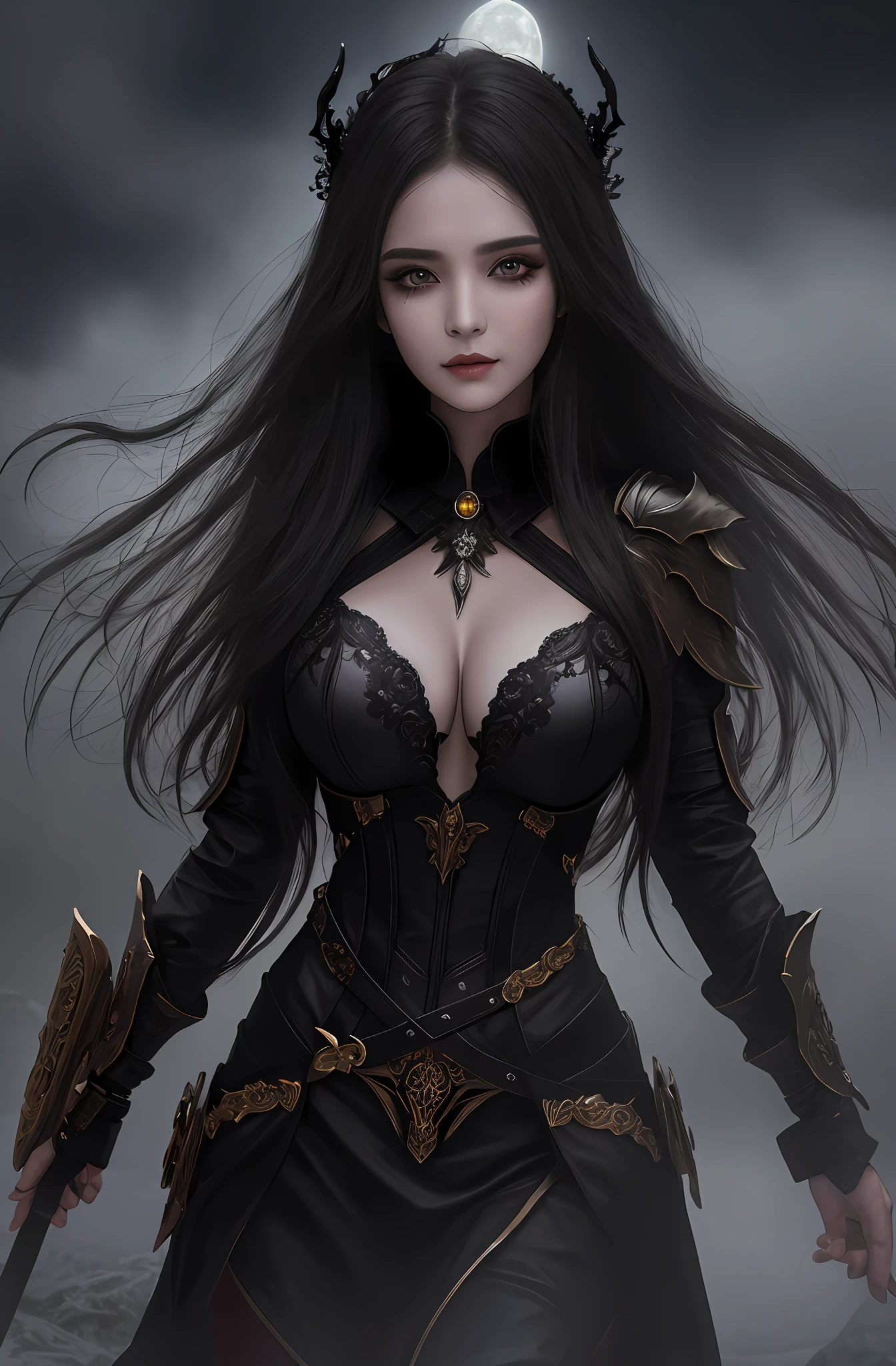 (16k, masterpiece, best quality), ultra-detailed, detailed beautiful round eyes, beautifully detailed face, high quality, high resolution, a female necromancer appeared from the fog with an army of undead, in the darkness of the night, goddess of darkness, undead army, straight hair, an evil face, undead background, big breast, mature women, dynamic pose