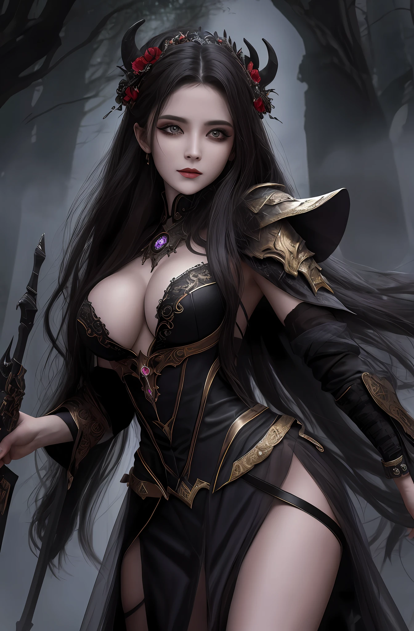 (16k, masterpiece, best quality), ultra-detailed, detailed beautiful round eyes, beautifully detailed face, high quality, high resolution, a female necromancer appeared from the fog with an army of undead, in the darkness of the night, goddess of darkness, undead army, straight hair, an evil face, undead background, big breast, mature women, dynamic pose