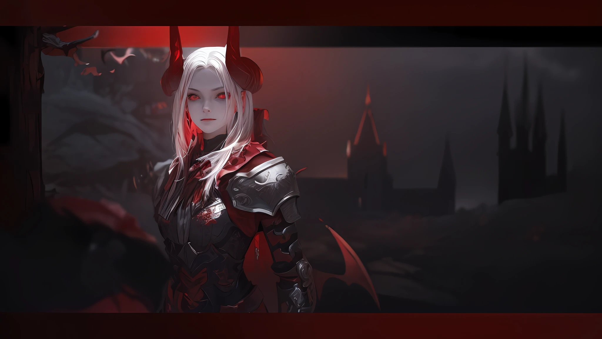 (masterpiece:1.2, best quality),(best illumination, an extremely delicate and beautiful),(best illumination, an extremely delicate and beautiful), (beautiful detailed face), (finely detailed eyes and detailed face:1.2), dark fantasy, (young girl, small beasts, 1girl, solo, crazy smile, pale skin, white hair, red glowing eyes, dynamic angle, vampire), (gaint vampire castle in background),  (red moon, red sky), pointy_ears, fangs, demon wings, demon horns, blood on face, blood rain, blood fog, (depth of field), high contrast, (blood splatter:1.4), cowboy shot, full body,