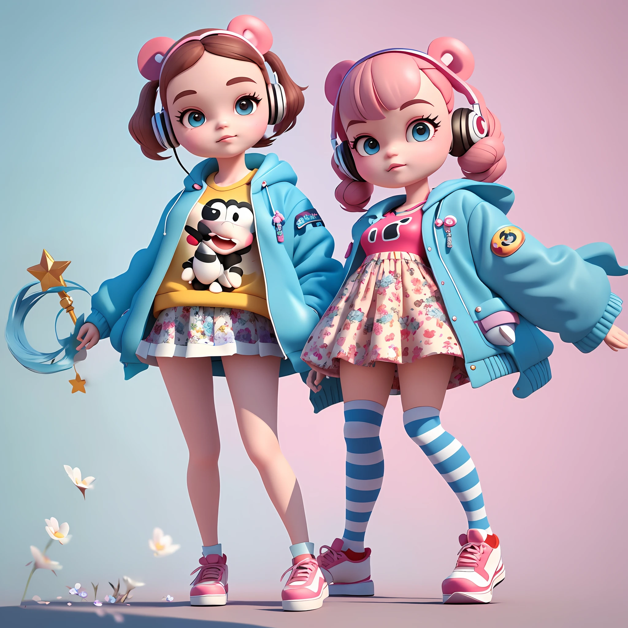 anime - style photo of two dolls dressed in matching outfits, cute 3 d render, anime styled 3d, stylized anime, kawaii hq render, cute digital art, render of a cute 3d anime girl, cute cartoon style, childrens art in artstation, cute art style, 3 d render stylized, 3d characters, 3 d render character art 8 k