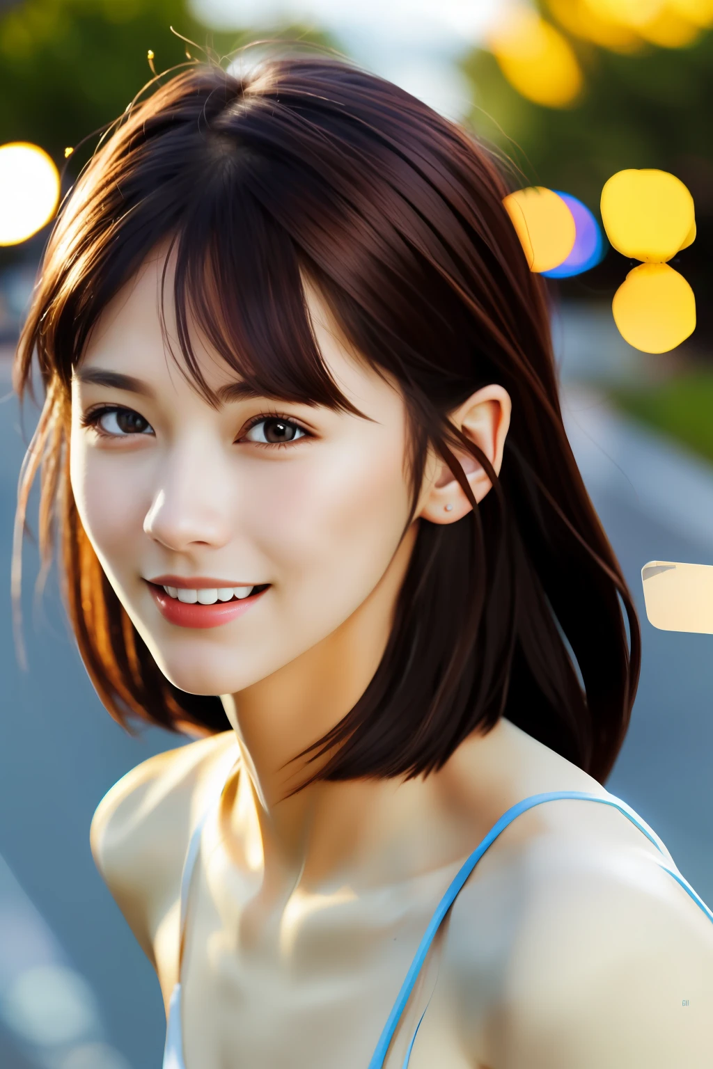 ((Top Quality, 8k, Masterpiece: 1.3)), Sharp Focus: 1.2, Perfect Body Shape Pretty Woman: 1.4, Slender Abs: 1.2, ((Dark Brown Hair, Small: 1.2)), (Natural Light, Street: 1.1), Highly Detailed Face and Skin Texture, Detailed Eyes, Double Eyelids, Smile, 27 Years old, cute,