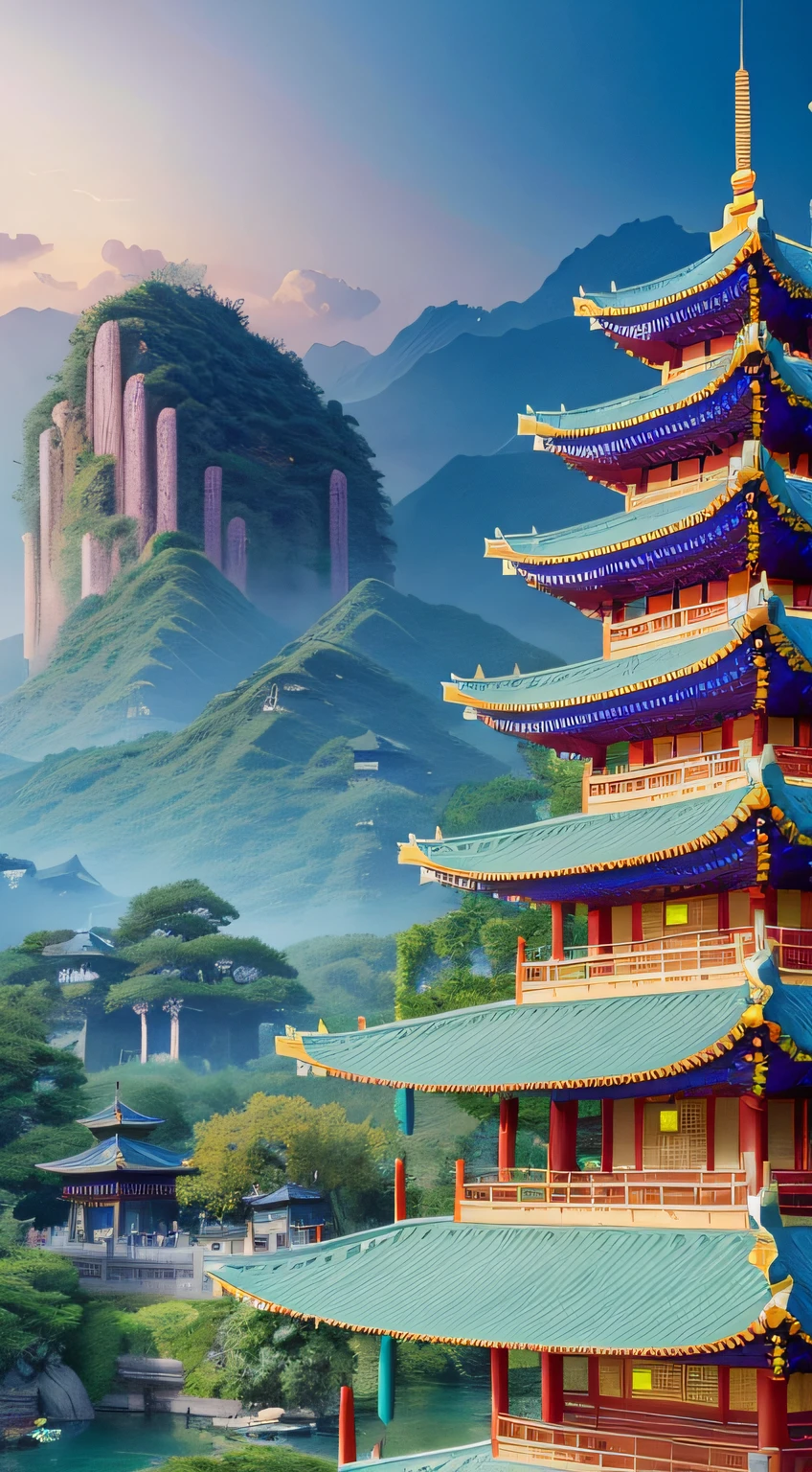 Ancient buildings, Loulan Ancient Kingdom, Chinese style, bird's eye view pavilions, fairyland, many temples, cyberpunk Chinese architecture, Ross Tran. Landscape background, WLOP and Ross Tran, Gouviz style artwork, Andreas Rocha style, inspired by Andreas Rocha, illustrated matte painting, digital painting of the pagoda, WLOP style, 8K high quality detail art, beautiful digital artwork, Sylvain Sarrell and Igor Mosky --auto --s2