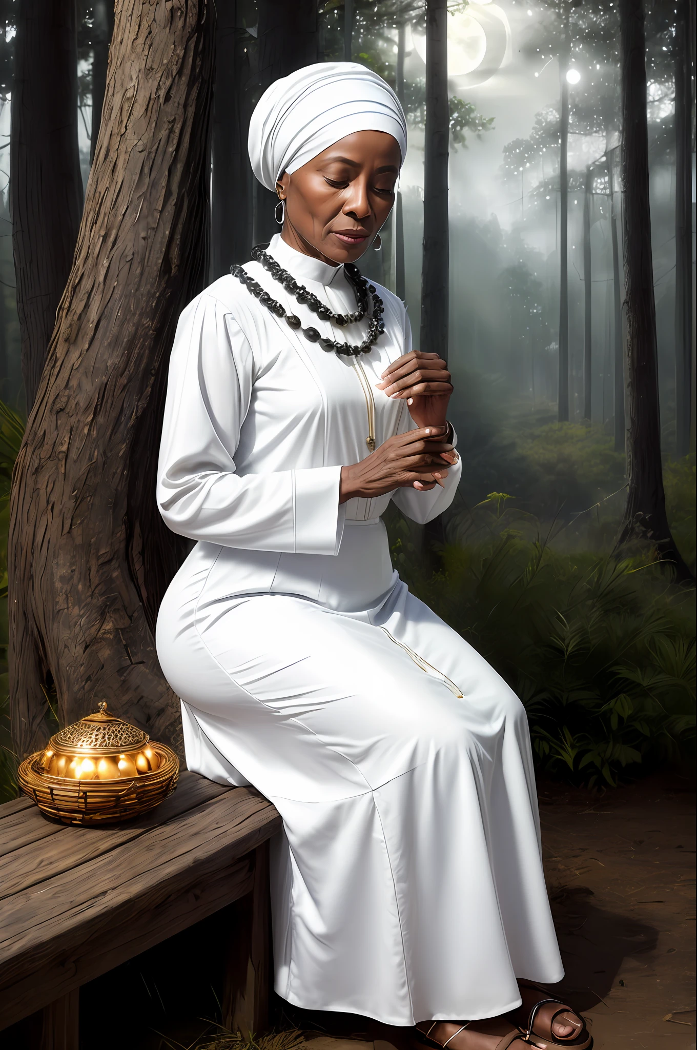 ((masterpiece, photorealistic, raw,:1.4), (extremely complex:1.2), close-up, cinematic light, side lighting, ultra high resolution, best shadow, RAW, 67-year-old African lady, holding a rosary, old-black archetype (umbanda), mystic, head tilted up, (eyes closed, serene expression), calm, praying, sitting on a wooden stool, wearing white close-collar dress, long skirt, and headscarf, Forest background in moonlight
