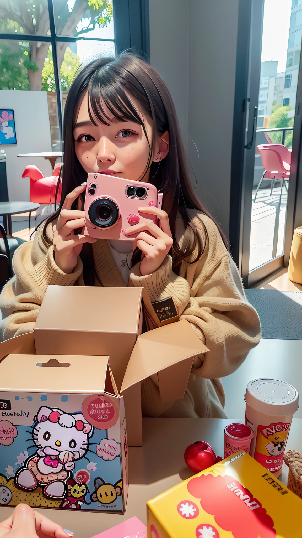 Woman holding a Hello Kitty camera in front of a box of Hello Kitty, shot with Sony Alpha 9, shot on iPhone 1 3 Pro, shot with Apple, shot on iPhone 1 3 Pro Max, 8K)), shot with iPhone 1 0, shot on iPhone 1 3 Pro, Hello Kitty, 🤬 🎀 💕 💕 🤮 🎀 🤮 😭 babyface