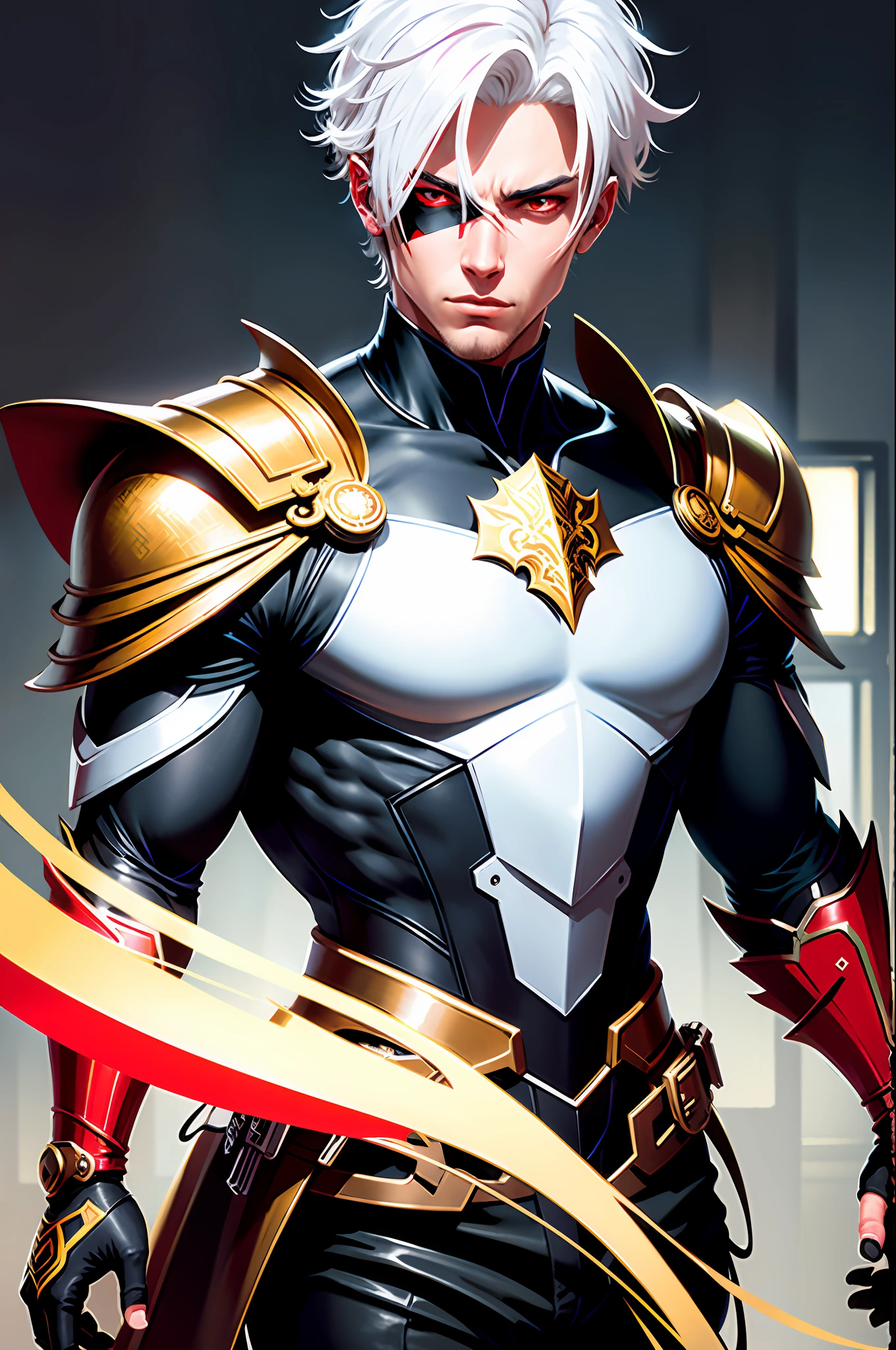 Thick acrylic illustrations on pixiv, Illustration, a handsome boy, white hair, red eyes, grim expression, one glass wearing a gold mask, gorgeous clothes, hand armor, dark background, high quality color matching, super rich details, 8K, best quality