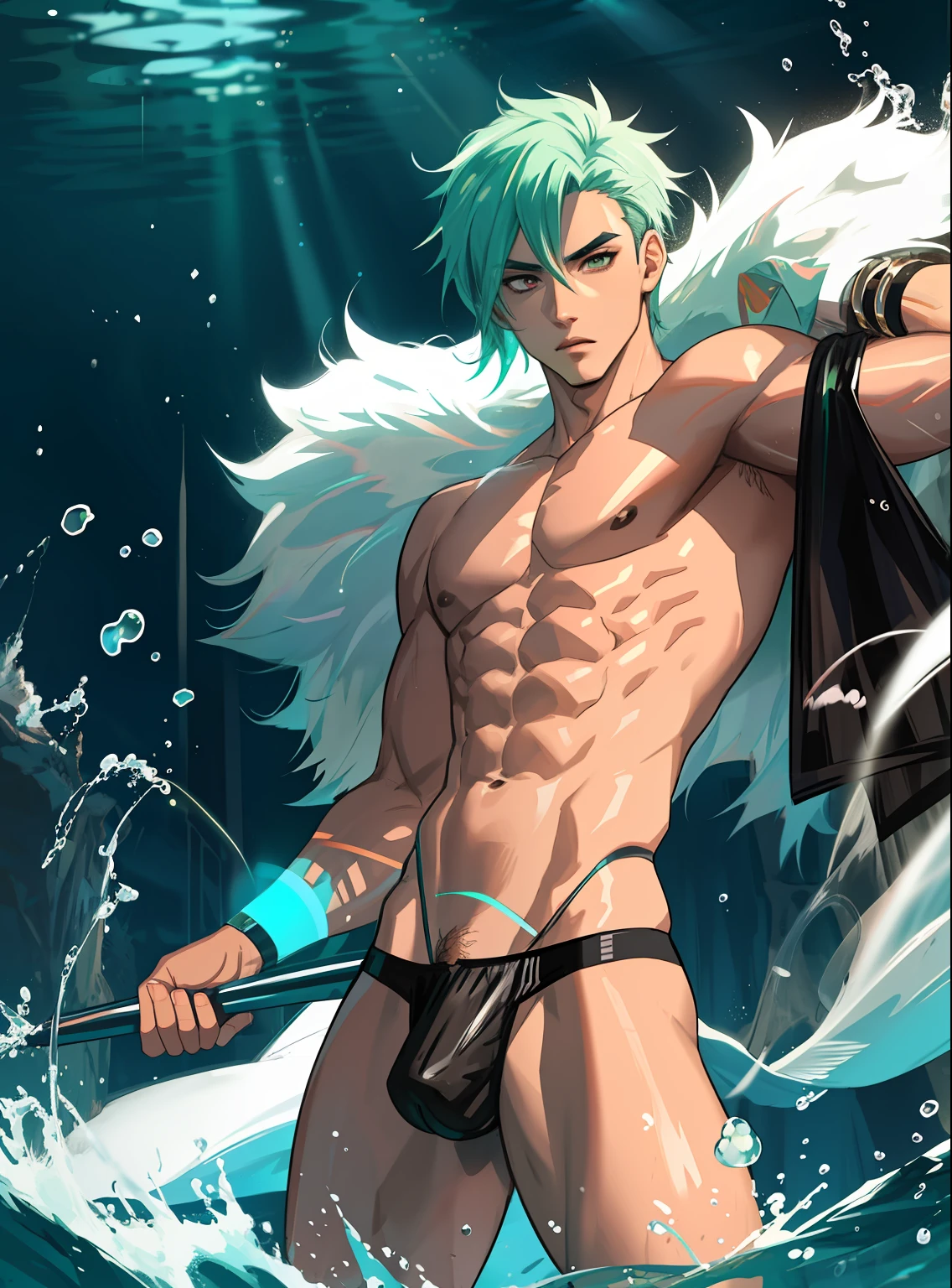 (hyper-realistic digital illustration), hires, best quality, underwater world, wide angle, swimming, athletic body, male, iridescent skin, flat chest, silver eyes, green hair styled in spikes, determined expression, bioluminescent lighting, wearing fashionable black small thong, full mast, erect bulge, erect bulge, visible through underwear , small waist, broad chest, big mane, slim scruffy, muscular