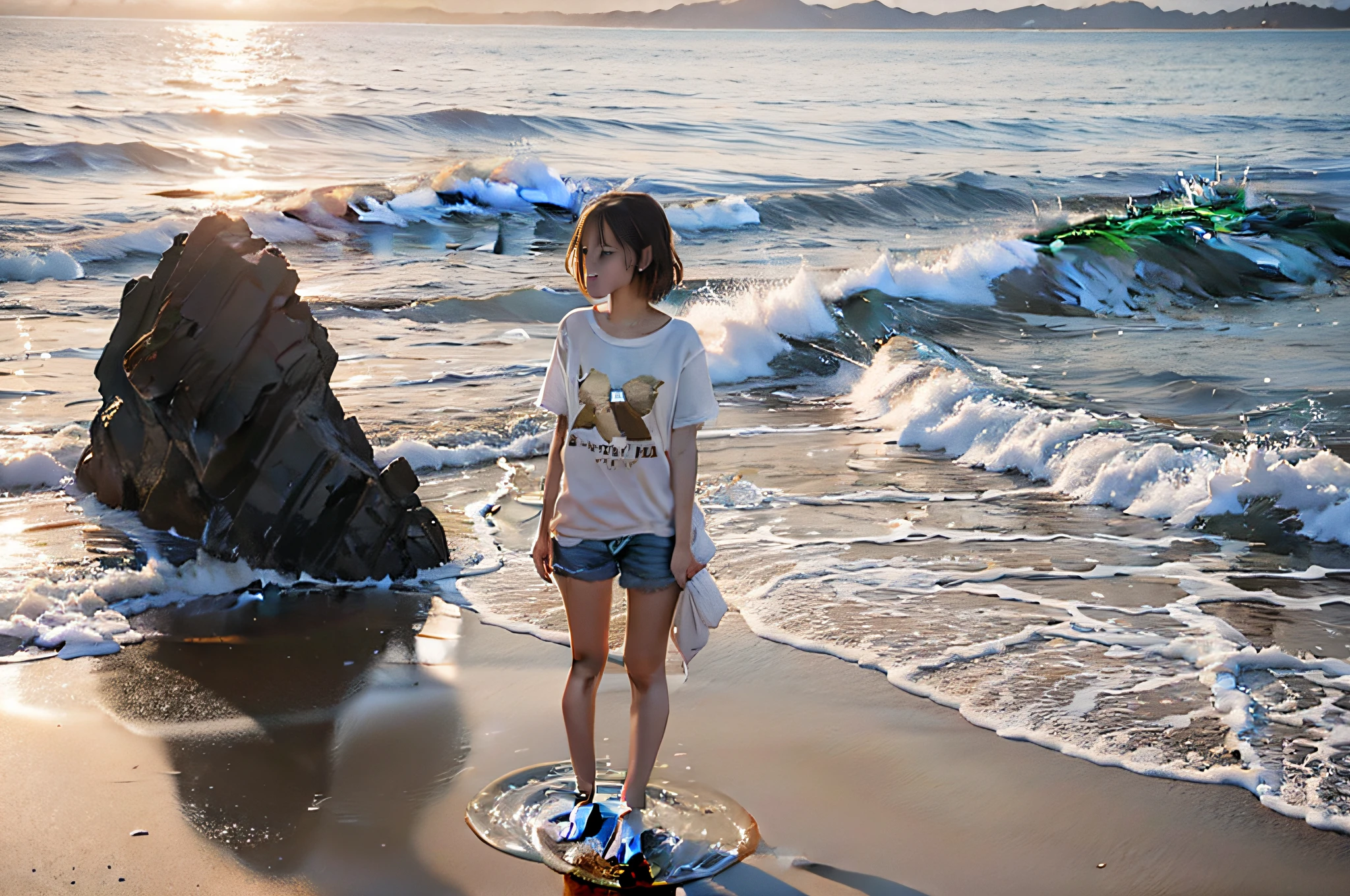 Girl in t-shirt, girl shot in 85 fixed focus, girl standing on golden sand by the sea, the sky is the sky at sunrise,