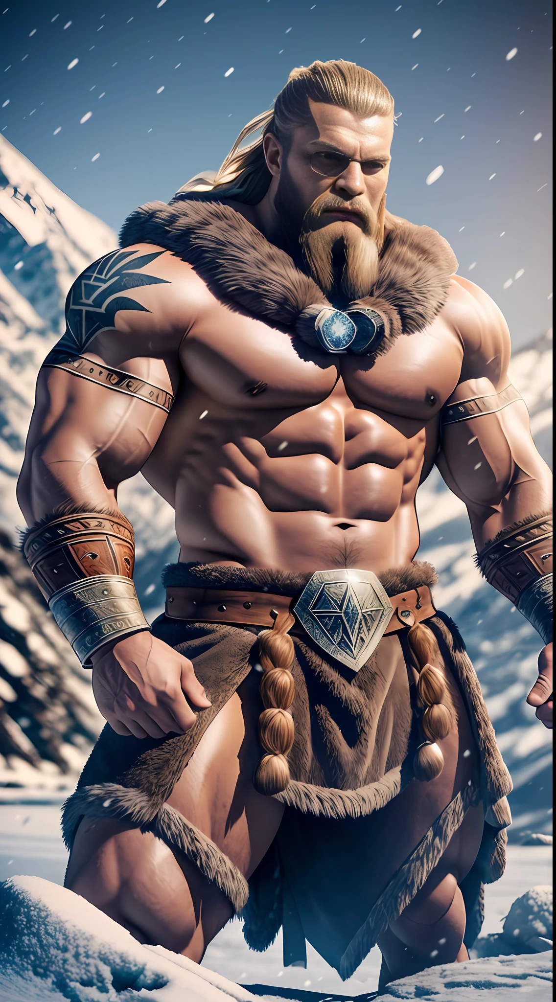 (muscular,superstrong man viking ), Viking suit, viking tattoos, a background show mountains,winter,cold,, falling snow, ultra-realistic 3D rendering with Octane Render, (dramatic and vivid lighting),(stunning 8k resolution, crystal clear),precise texture details. --auto --s2