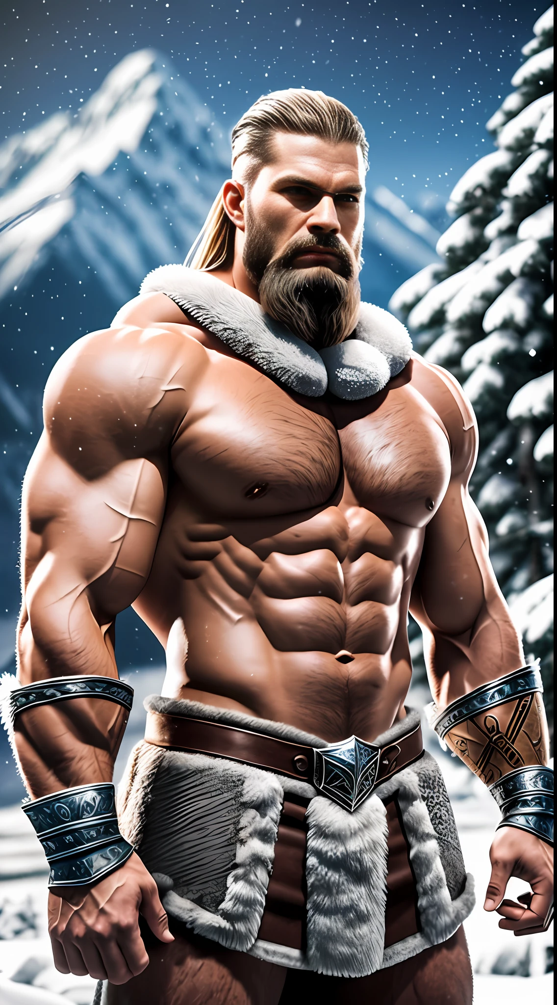 (muscular,superstrong man viking ), Viking suit, viking tattoos, a background show mountains,winter,cold,, falling snow, ultra-realistic 3D rendering with Octane Render, (dramatic and vivid lighting),(stunning 8k resolution, crystal clear),precise texture details. --auto --s2