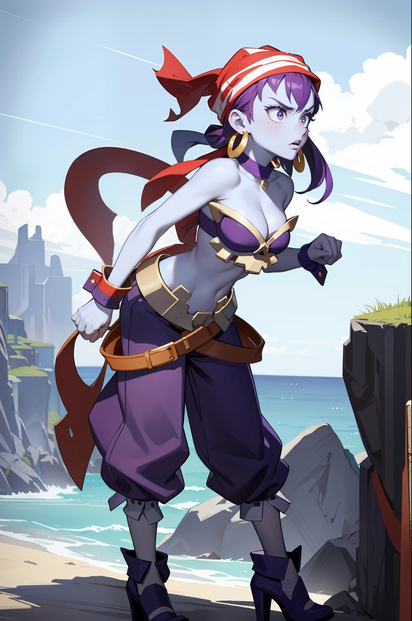 masterpiece, best quality, risky, blue skin, bandana, choker, wrist cuffs, hoop earrings, bustier, purple pants, high heels, shore, rock formations, standing, angry, leaning forward, clenched fists, looking at viewer